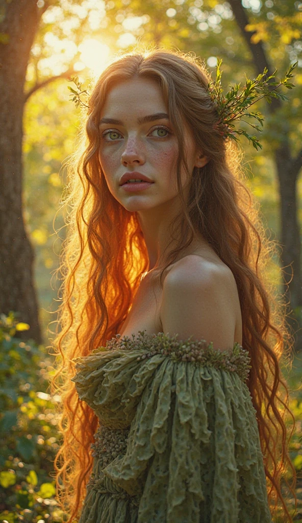 Hasselblad Award Winner, a dutch 22yo girl walking in a deep old forest, mystical flowers, copper lob hair ,(( light pea green eyes )) ,whymsical, sublime, harmonious, sensual, colourful,