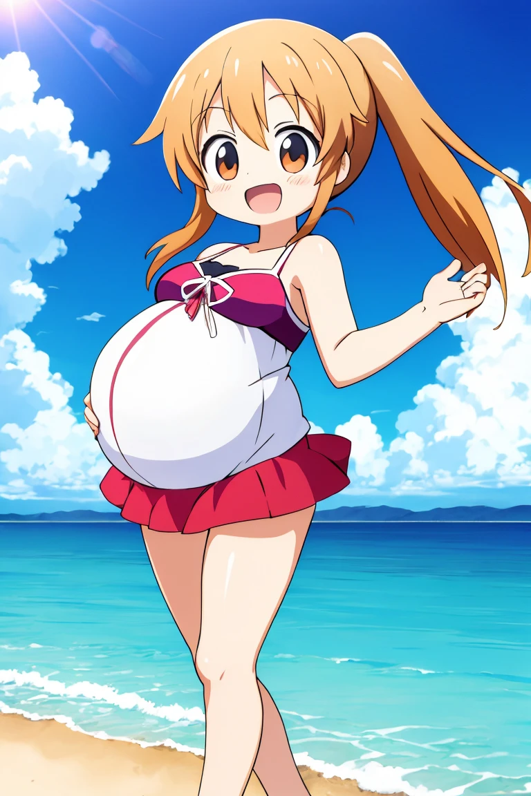 High quality, Beach setting, 1 young pregnant fox girl, wearing ripped shrine maiden outfit, blond hair, large red bow in hair, flower in hair, In the water restrained by tentacles, laying on tentacle seed bed seat, extra blush on her cheeks, small detailed breasts and large nipples exposed, lactating breasts, She is crying flustered and has a scared expression, one arm are held down by tentacles, Spread legs, Hyper pregnant belly, Tentacles impragnating her in a tentacle wall, Orgasuming, her hand is Holding her pregnant belly, Tentacle impregnating her vagina, Mouth open in shock.
