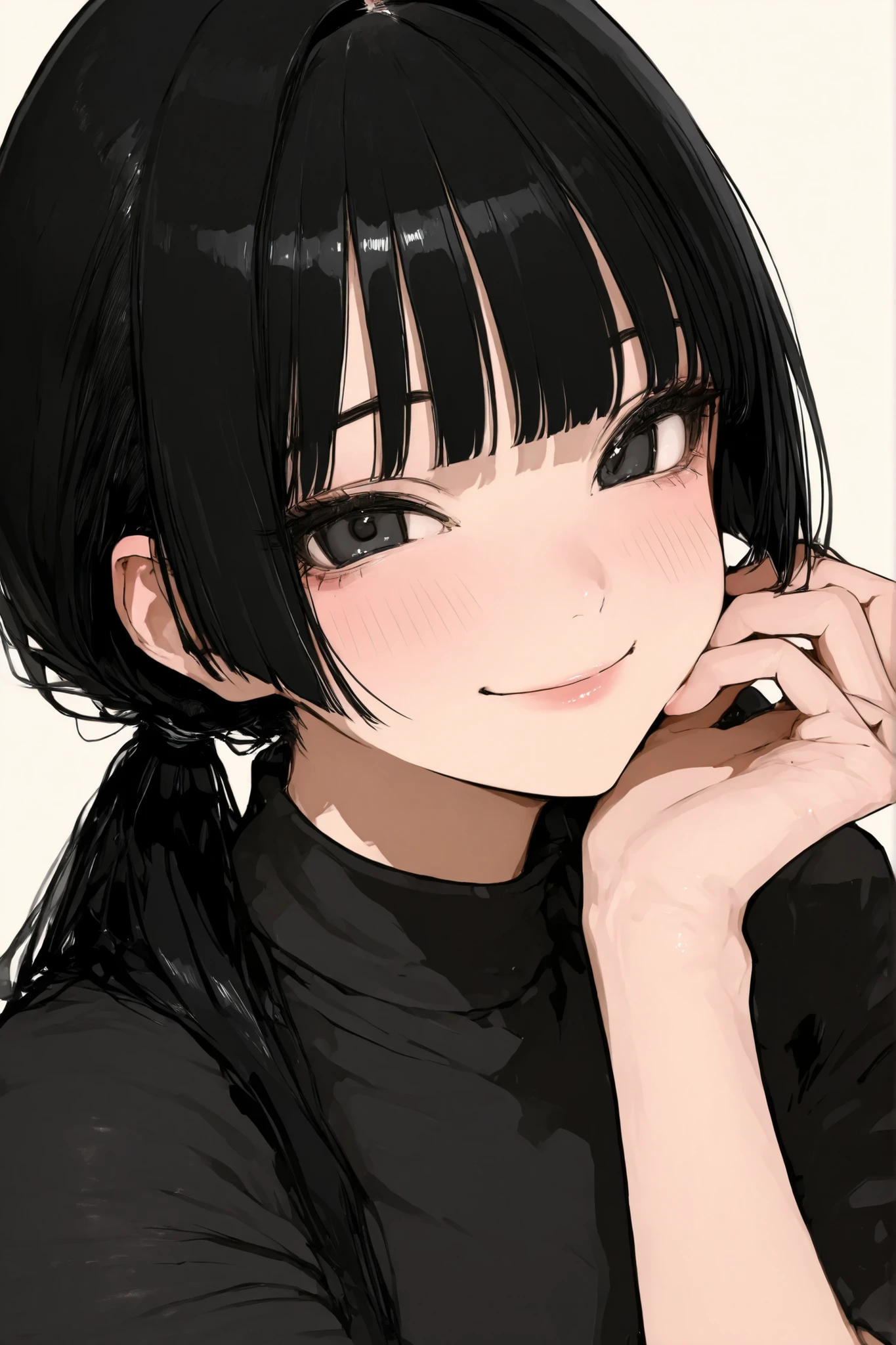 girl、black hair、low ponytails、bangs、princess cut、smile、