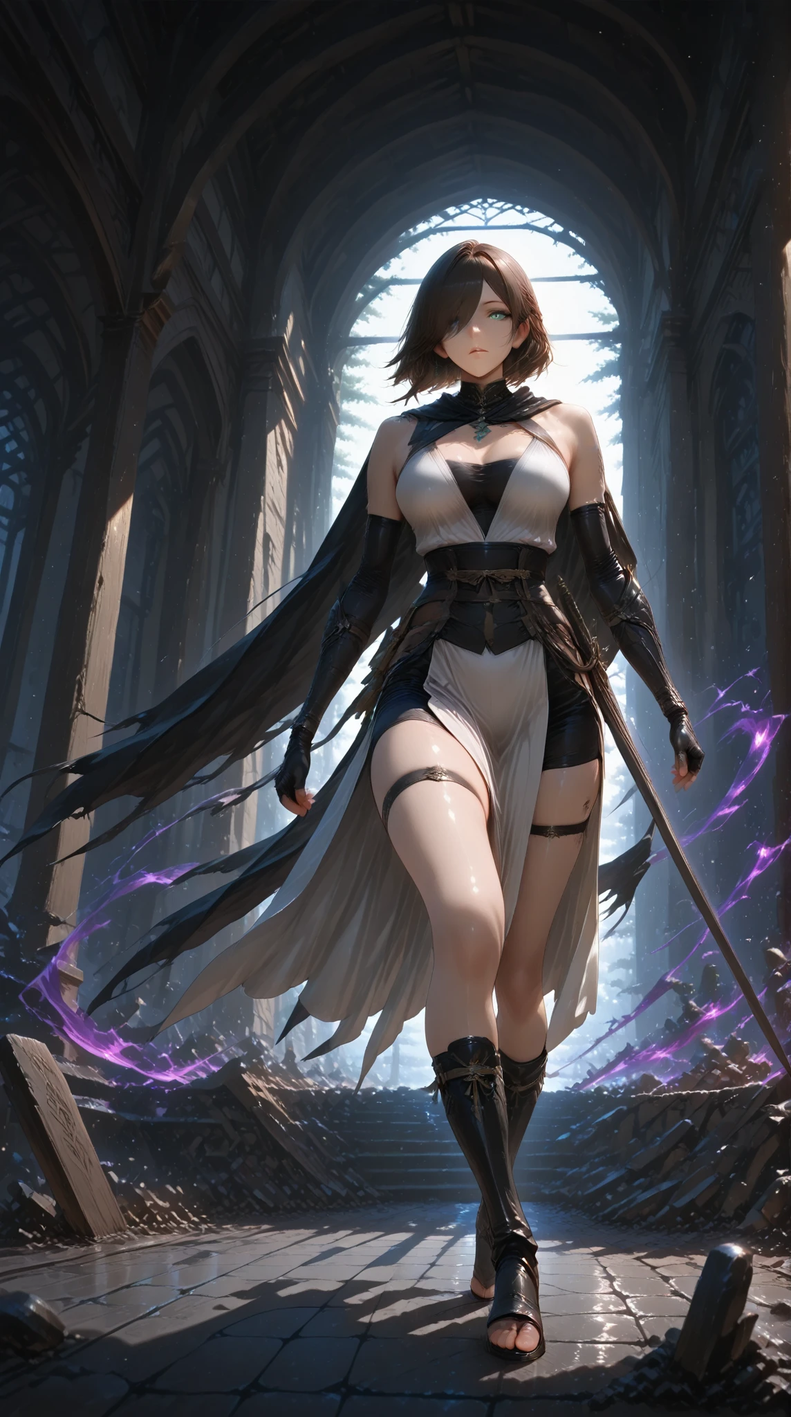 senjumaru shutara, long hair, bangs, blunt bangs, black hair, sidelocks, (black eyes:1.5), makeup, lipstick, red lipstick, 1girl, holding, sword, solo, blue_eyes, holding_weapon, short_hair, holding_sword, outfit-origami, halo, veil, navel, elbow gloves, detached sleeves, frills, bow, navel, standing, dual_wielding, closed_mouth, glowing, bangs, gloves, earrings, looking_at_viewer, glowing_weapon, "glow effects, godrays, Hand drawn, render, 8k, octane render, cinema 4d, blender, dark, atmospheric 4k ultra detailed, cinematic, Sharp focus, big depth of field, Masterpiece, colors, 3d octane render, 4k, concept art, trending on artstation, hyperrealistic, Vivid colors, extremely detailed CG unity 8k wallpaper, trending on CGSociety, Intricate, High Detail, dramatic", anime coloring, anime screencap, sweating, steaming body, fog
