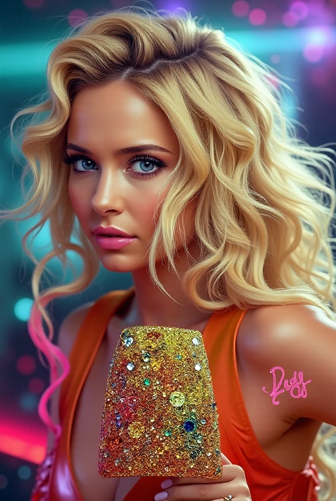 Margot Robbie, Flirty, 8K, photo taken from the front, highly detailed, girl with a seductive smile, wearing a dipping neckline, stylized blonde hair in loose waves, [Rihanna| Kendall Jenner], in a sleek and modern nightclub setting, with bold and vibrant colors, blurred background, bright lighting