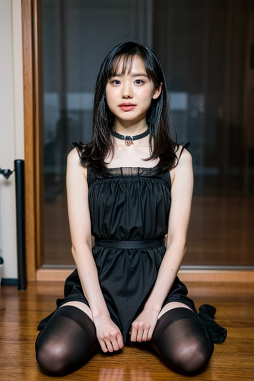 RAW Photos, 8K, (Highest quality), Realistic, (live-action, Intricate details), (Natural skin texture, Detailed skin, Hyperrealism, Sharpness), (Japanese teenage girl standing in a dirty back alley at night, graffitied wall:1.3, Put your hands on your head, Exposed armpits), ((Black short dress, Lace dress, No sleeve, Side slits)), (((Flat Chest:1.5))) , (Pale skin), ((short hair, Short bangs)), (Glasses, Fascinating face, Part your lips:1.3), thigh, graffiti:1.5, trash can, at night, Spot lighting:1.3, Full Body Shot, ,