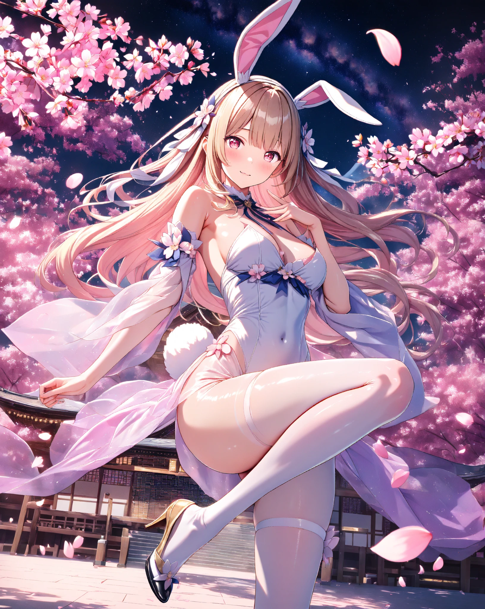 (High resolution), (32k), (very very detailed), (best illustrations), (beautiful and delicate eyes), (highest quality), (Super detailed), (masterpiece), (A detailed and delicate face), alone，Highly detailed face and skin texture，fine eyes，spread your legs、very shy、blush、spread your legs，advanced details,(dynamic pose)，1 female, long hair , long legs、open crotch、 (camel toe)，(((big )))、Exposing genitals without wearing pants，protruding pussy ，cocked ass，I grew up sexy、(((Sheer Bunny Girl)))、best style、pink nipples、Transparent pink nipples、(A flower decoration on the head)、Beautiful woman、pink sky、pink clouds、pink flowers、 Pink hot spring、pink water all over、pink light、pink sky間