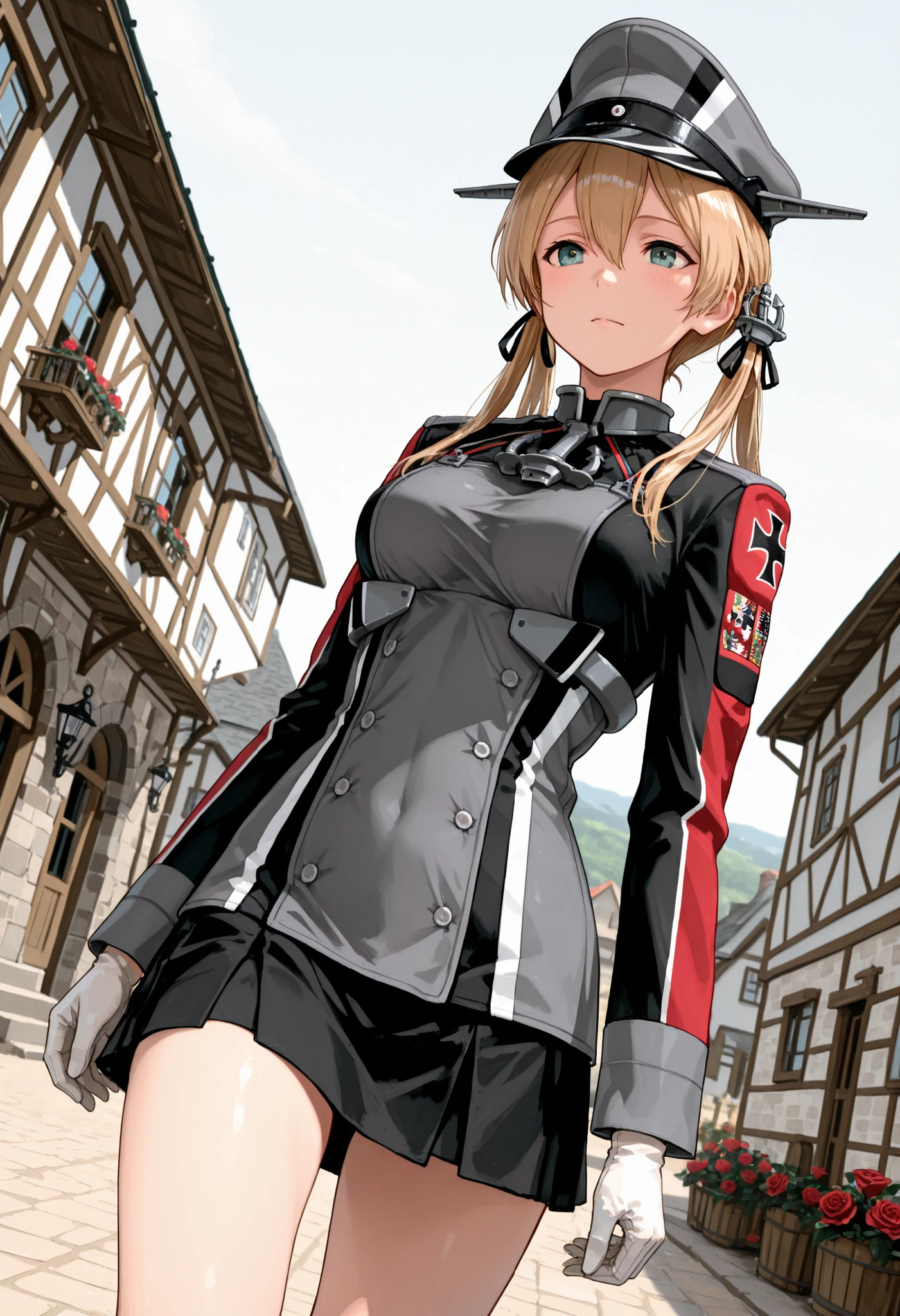 Prinz Eugen (Kantai Collection), masterpiece, Best Quality, 32K, high resolution, Absard dress, Prince Eugene (KanColle), Rose Twin Tails, Gold Embellished Anchor Hair Ornament, long sleeve, Village Seen from a Military Angle, MILITARY UNIFORMS, gloves, iron cross, skirt that crosses, Knee-length, white gloves, cross, military cap,