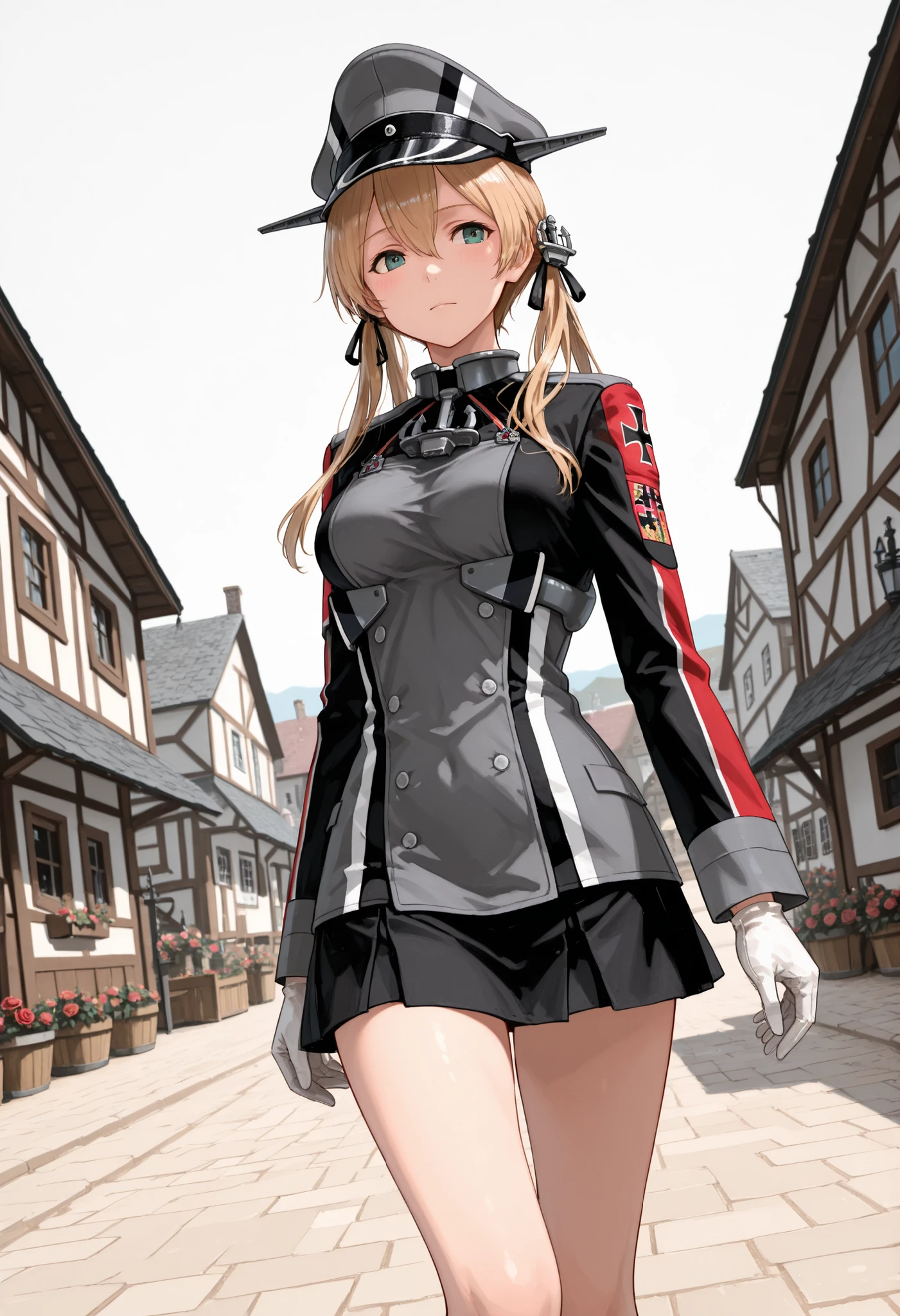 Prinz Eugen (Kantai Collection), masterpiece, Best Quality, 32K, high resolution, Absard dress, Prince Eugene (KanColle), Rose Twin Tails, Gold Embellished Anchor Hair Ornament, long sleeve, Village Seen from a Military Angle, MILITARY UNIFORMS, gloves, iron cross, skirt that crosses, Knee-length, white gloves, cross, military cap,