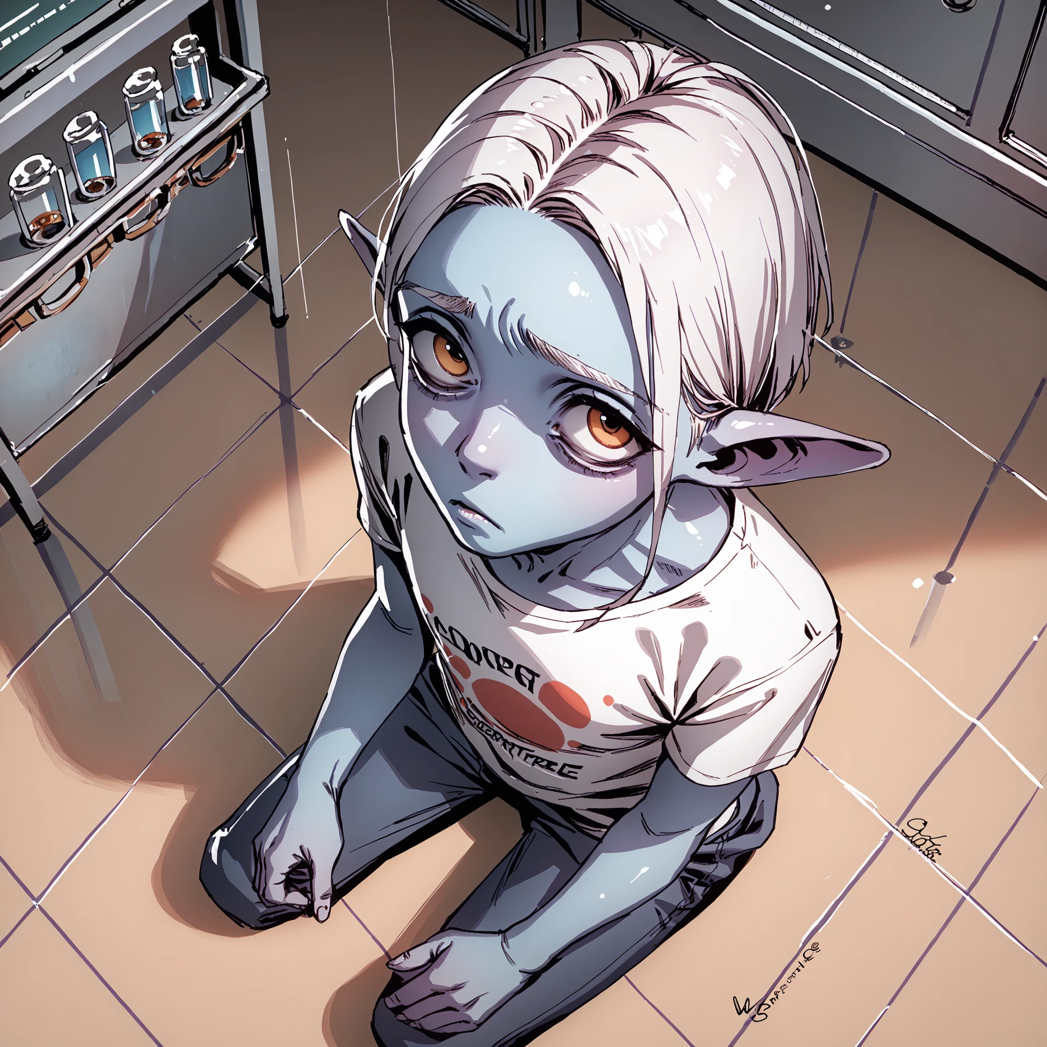 score_9, score_8_up, score_7_up, a blue young alien male who is very smart, white hair, skinny, shirt, top of his class, adorable, sitting in class a laboratory. Looking concerned and sweating. Humanoid in appearance. ((Blue skin)) ((Extreme above angle shot, Extreme above angle view, over his head)) ((him looking up))