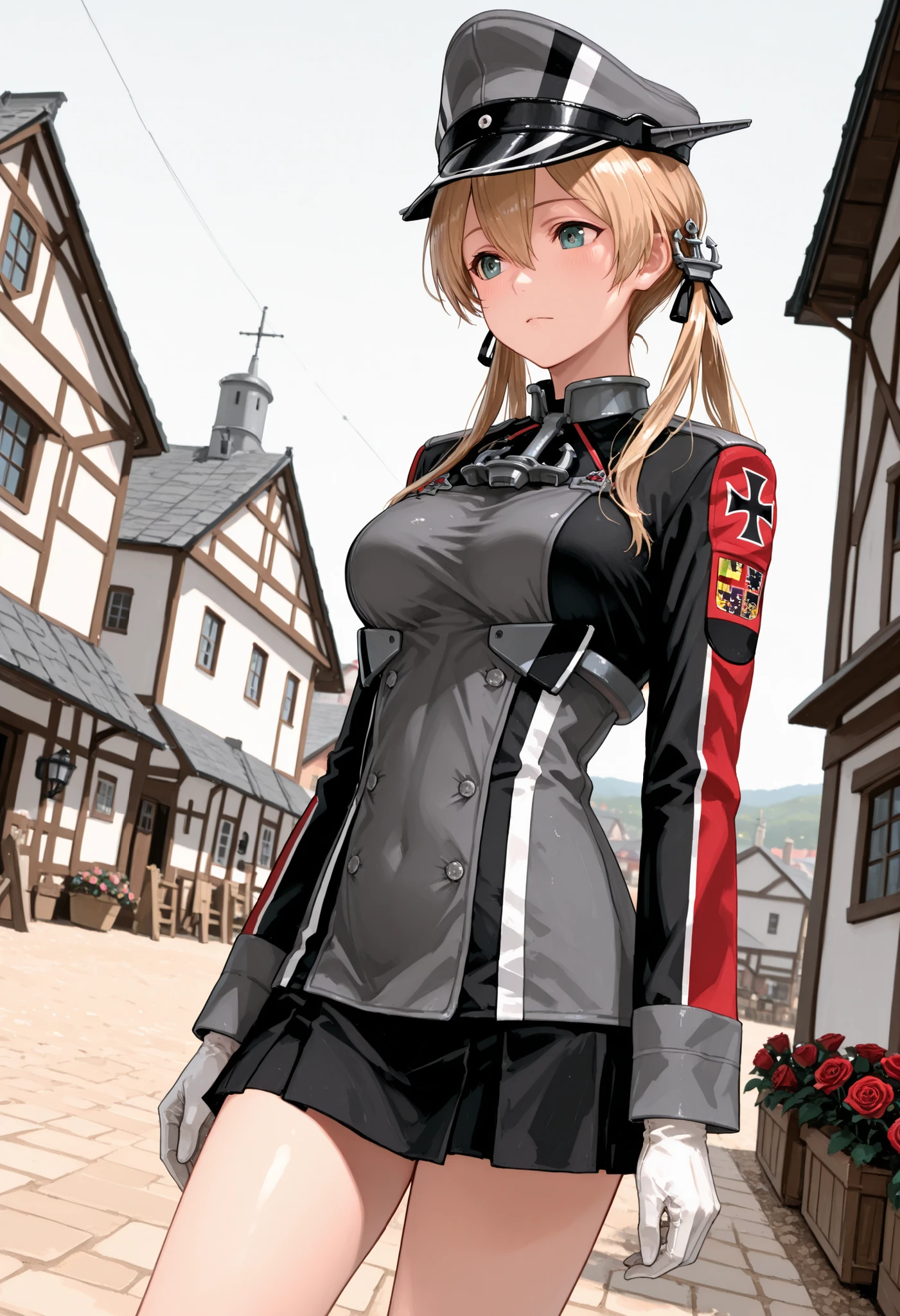 Prinz Eugen (Kantai Collection), masterpiece, Best Quality, 32K, high resolution, Absard dress, Prince Eugene (KanColle), Rose Twin Tails, Gold Embellished Anchor Hair Ornament, long sleeve, Village Seen from a Military Angle, MILITARY UNIFORMS, gloves, iron cross, skirt that crosses, Knee-length, white gloves, cross, military cap,