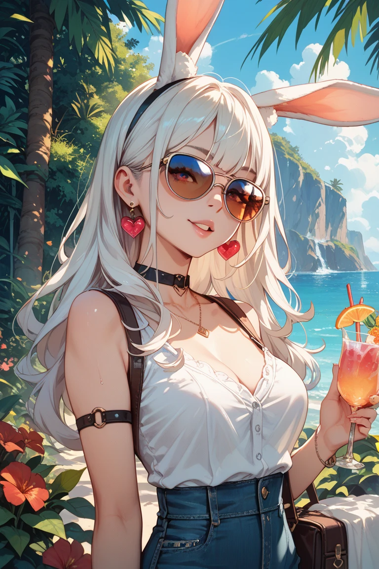 ((La mejor calidad)), ((Obra maestra)), (Detallado), Cara perfecta. Mujer demihumana, caderas anchas, muslos gruesos, pechos grandes, pelo blanco largo, white drooping rabbit ears, cola blanca de conejo esponjosa, ojos color rojo.