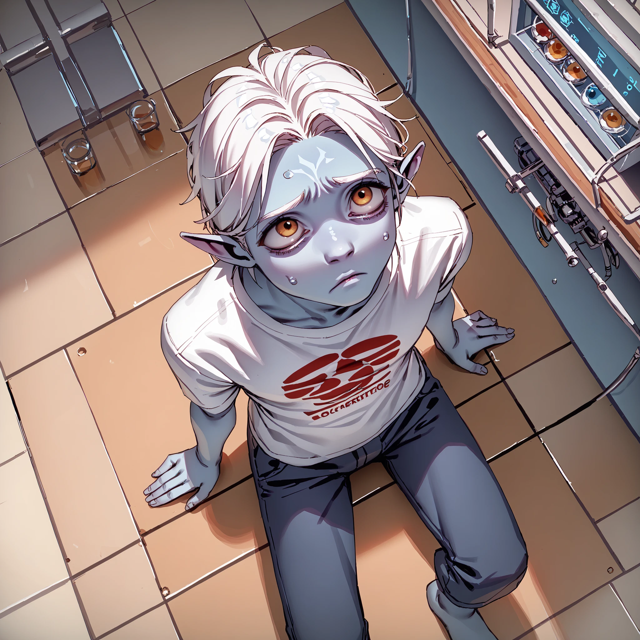 score_9, score_8_up, score_7_up, a blue young alien male who is very smart, white hair, skinny, shirt, top of his class, adorable, sitting in class a laboratory. Looking concerned and sweating. Humanoid in appearance. ((Blue skin)) ((Extreme above angle shot, Extreme above angle view, over his head)) ((him looking up))