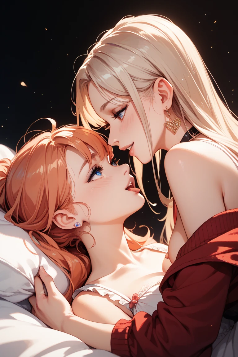 (((best quality))),masterpiece,ultra high resolution,(ultra high definition),(movie quality:1.3),(movie lighting),(low light environment:1.4),Female love couple at night(((Under the Milky Way)))Suburban women kissing, (SFW) Work, kissing together cutely, (((Girl Love Art))), OPPEIN, Side milk, Slightly saggy big breasts, small breasts, (((Very long wavy blonde hair))), (((Straight brown hair with side bangs))), (girl love kiss), The mouth is very detailed, (girl love hug), touch her hand, touch her clothes, touch her breasts, (((Hands touching her breasts))), sit on lap, Long hair fluttering in the wind, SFW version
