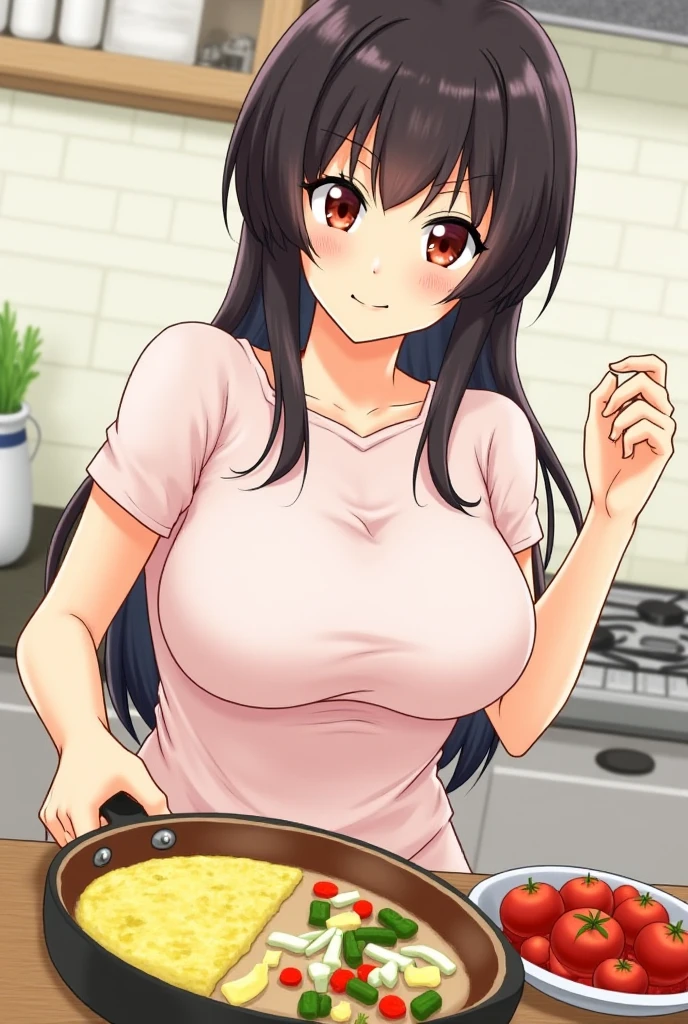 A 3d anime girl having big boobs and ass washing platets.