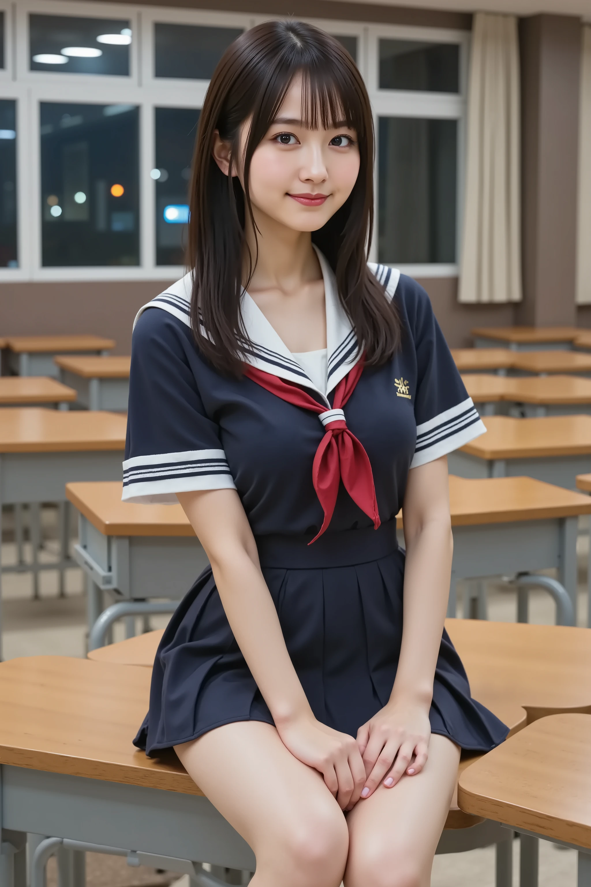 sakura, misaki, huge breast, Cleavage, ultra-realistic digital illustration of a slender young woman sitting on top of a wooden classroom desk, facing forward. She is shown in a tight medium shot from the top of her head to just above her knees. Her face and entire head are fully visible and centered within the frame. Her black hair is long, tied loosely behind her head, with two strands hanging down each side of her face. She is wearing a Japanese high school uniform consisting of a dark blue sailor-style top with a white collar and a red ribbon tied at the chest, along with a pleated navy-blue mini skirt. Her shoulders and upper chest are covered by the uniform. The skirt reveals her bare legs from the mid-thigh down. She is not wearing socks or shoes. Her arms are relaxed, with one resting beside her on the surface of the desk, and the other placed lightly on her thigh. She sits with her legs slightly turned, but still clearly within the framing of the image. The desk has a flat wooden surface and a small metal frame visible below it. Behind her is a large rectangular window divided into multiple glass panels. The window is closed. The outside view is blurred, showing only nighttime city lights and dark sky through the glass. Curtains are partially drawn to the sides. The classroom contains rows of empty wooden desks and chairs. The floor is polished linoleum with visible light reflections. The lighting in the room is artificial, coming from ceiling lights out of frame. There are shadows on the floor and parts of the wall. Her figure is well-lit. There are no other people in the room. There are no decorations, posters, or any additional items on the desk or walls. The framing includes part of her upper body, skirt, and bare legs. Her face is neutral, eyes directed forward. The entire figure is clear and nothing is cut off by the edges of the image. The background remains in focus and the perspective aligns with a camera at seated eye level. The entire composition