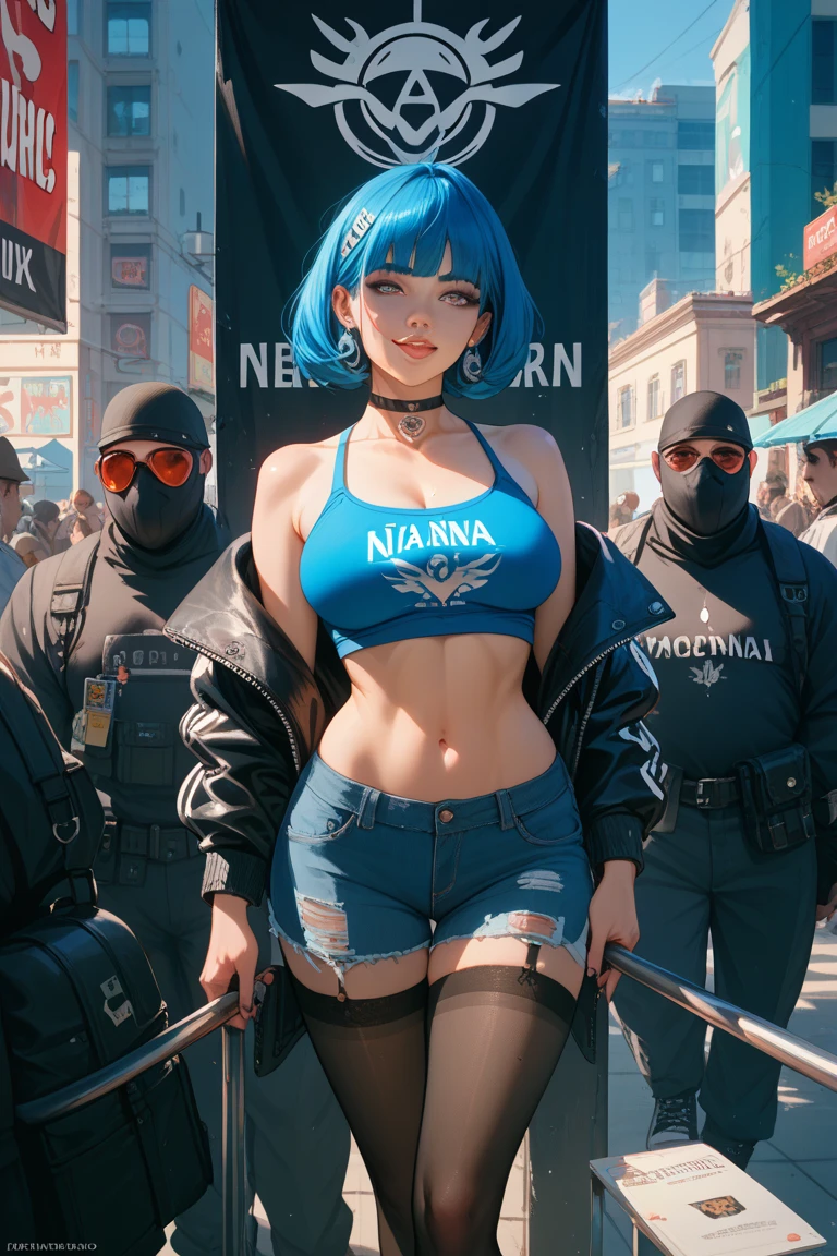 Yakuza heroine on the streets of Japan， A group of gang members stood behind，angry look，mixed korean，Detailed background，crowd background，Crowd focus，in the crowd，movie lighting，(((masterpiece))), ((best quality)), ((complex and detailed)), ((Surrealism)), ridiculous resolution, milf, mature woman, perspective, Very detailed, Enlightenment, 1 girl, Thin waist, thick hips，long legs，Beautiful and delicate eyes, Short hair details, black hair color hair, purple eyes, (gangster suit:1.2),Tattoos are，Large flower arms，Covered in tattoos，yakuza，Gangster organizations，gangster godfather，Gangster woman，gang boss的女人，Japan Yamaguchi Formation，yakuza woman，，full back tattoos，gang boss，sunglasses，Blood dyed the streets red，former boss，A scarred figure，，Sexy and feminine，（no underwear），, detailed background, perfect eyes, Seductive eyes, looking at the audience，from the front，Lightweight to wear，