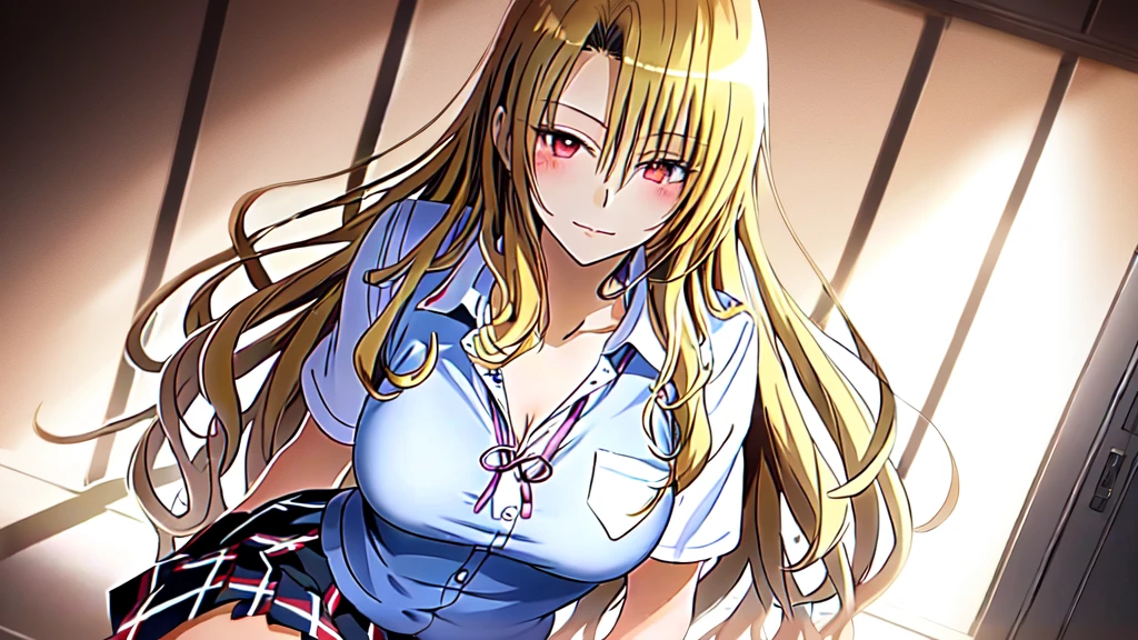 (((pixel-perfect, detail-perfect))), solo, 1girl,  <lora:katsuragi-senran:0.8>, katsuragi, school uniform, open shirt, necktie, looking at viewer, grin