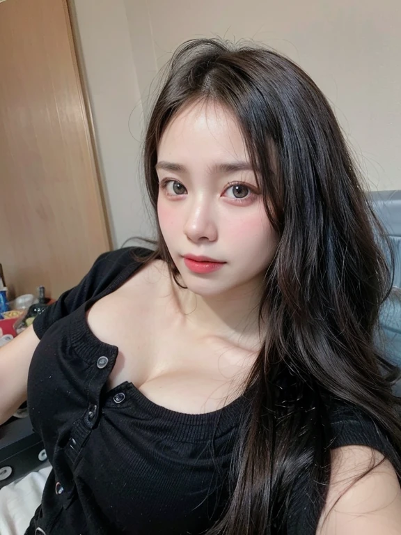 girl RAW photo, (masterpiece:1.1), highest quality, ultra high resolution, highly detailed, (realistic:1.4), sharp, concentrated, facial details, (eyebrow piercing:1.1), fine eyes, detailed face, 1 girl, off shoulder white shirt, black tight skirt, black choker, (faded ash gray hair:1.2), (huge breasts:1.1), looking at the viewer, close