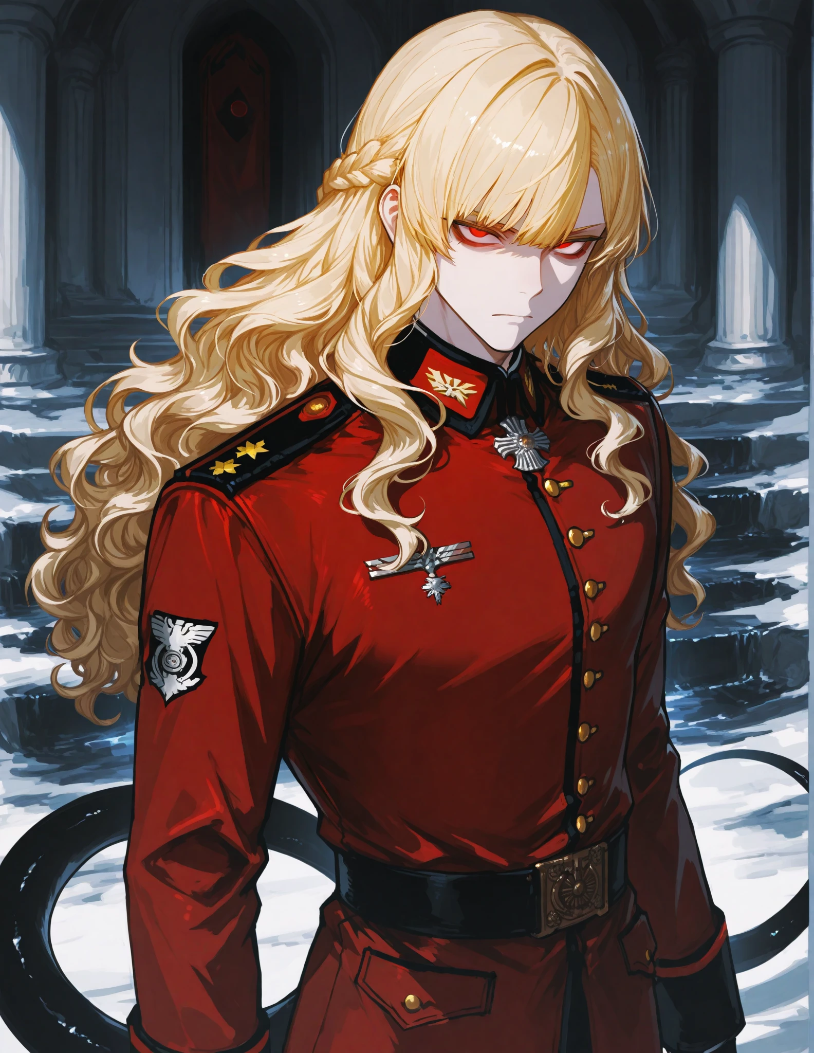 Young man wearing high-ranking black military clothes, blonde hair with black chicks, hair with bangs, evil look