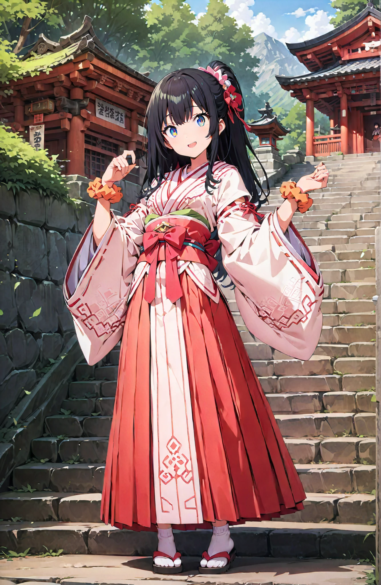 score_9, score_8_up, score_7_up, source_anime, It's because of Rikkata, black hair with a young pattern, blue eyes, semi-long hair in spring, orange scrunch, scrunchie,  Wrist Scrunches , smile,cover,Open Your Mouth,Orange wrist scrunch, Shrine maiden,  kimono, object,  Red Hakama Skirt , Wide Sleeves, long sleeve, ribbon trim sleeve,Sandals, white socks, standing on a stone staircase,noon,full bodyがillustrationsに入るように,break outdoors, shrine,
break looking at viewer,full body,
break (masterpiece:1.2), Best Quality, high resolution, Unity 8k 壁紙, (illustrations:0.8), (beautiful detailed eyes:1.6), very detailed face,  so that it fits into the illustration, Extremely Detailed CG, (perfect hand, perfect anatomy),