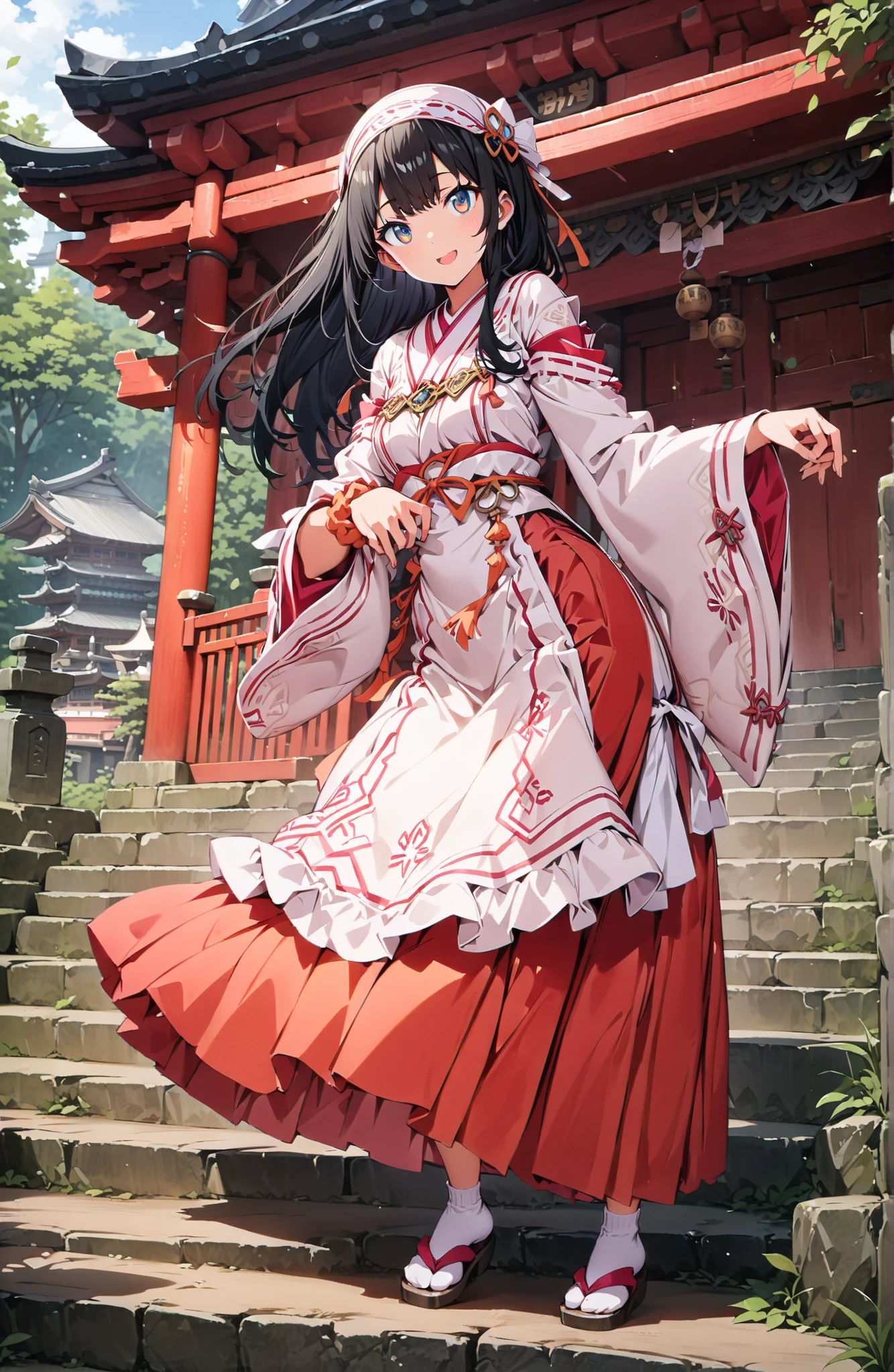 score_9, score_8_up, score_7_up, source_anime, It's because of Rikkata, black hair with a young pattern, blue eyes, semi-long hair in spring, orange scrunch, scrunchie, Wrist Scrunches , smile,cover,Open Your Mouth,Orange wrist scrunch, Shrine maiden, kimono, object, Red Hakama Skirt , Wide Sleeves, long sleeve, ribbon trim sleeve,Sandals, white socks, standing on a stone staircase,noon,full bodyがillustrationsに入るように,break outdoors, shrine,
break looking at viewer,full body,
break (masterpiece:1.2), Best Quality, high resolution, Unity 8k 壁紙, (illustrations:0.8), (beautiful detailed eyes:1.6), very detailed face, so that it fits into the illustration, Extremely Detailed CG, (perfect hand, perfect anatomy),