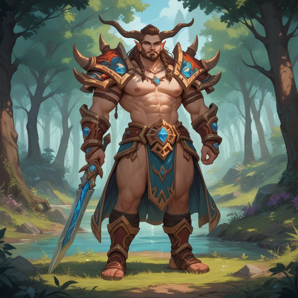 Powerful warrior, upper torso unveiled, lower body uncovered from thighs to feet, decorated with a beaded beard, cascading long curls, meticulous muscle definition, lifelike depiction, 4K resolution. Background: Mythical fantasy landscape,32k uhd, best quality, masterpiece, super detail, high details