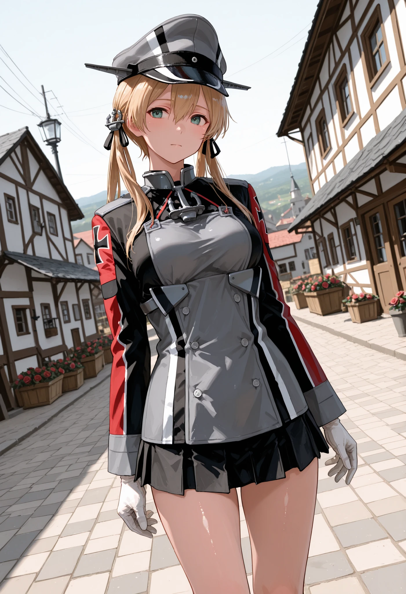 Prinz Eugen (Kantai Collection), Score 9, score up 8, Score 7 Up, Safety Assessment, detailed background, Shiny Skin, masterpiece, Best Quality, 32K, high resolution, Absard dress, Prince Eugene (KanColle), Rose Twin Tails, Gold Embellished Anchor Hair Ornament, long sleeve, Village Seen from a Military Angle, MILITARY UNIFORMS, gloves, iron cross, skirt that crosses, Knee-length, white gloves, cross, military cap,