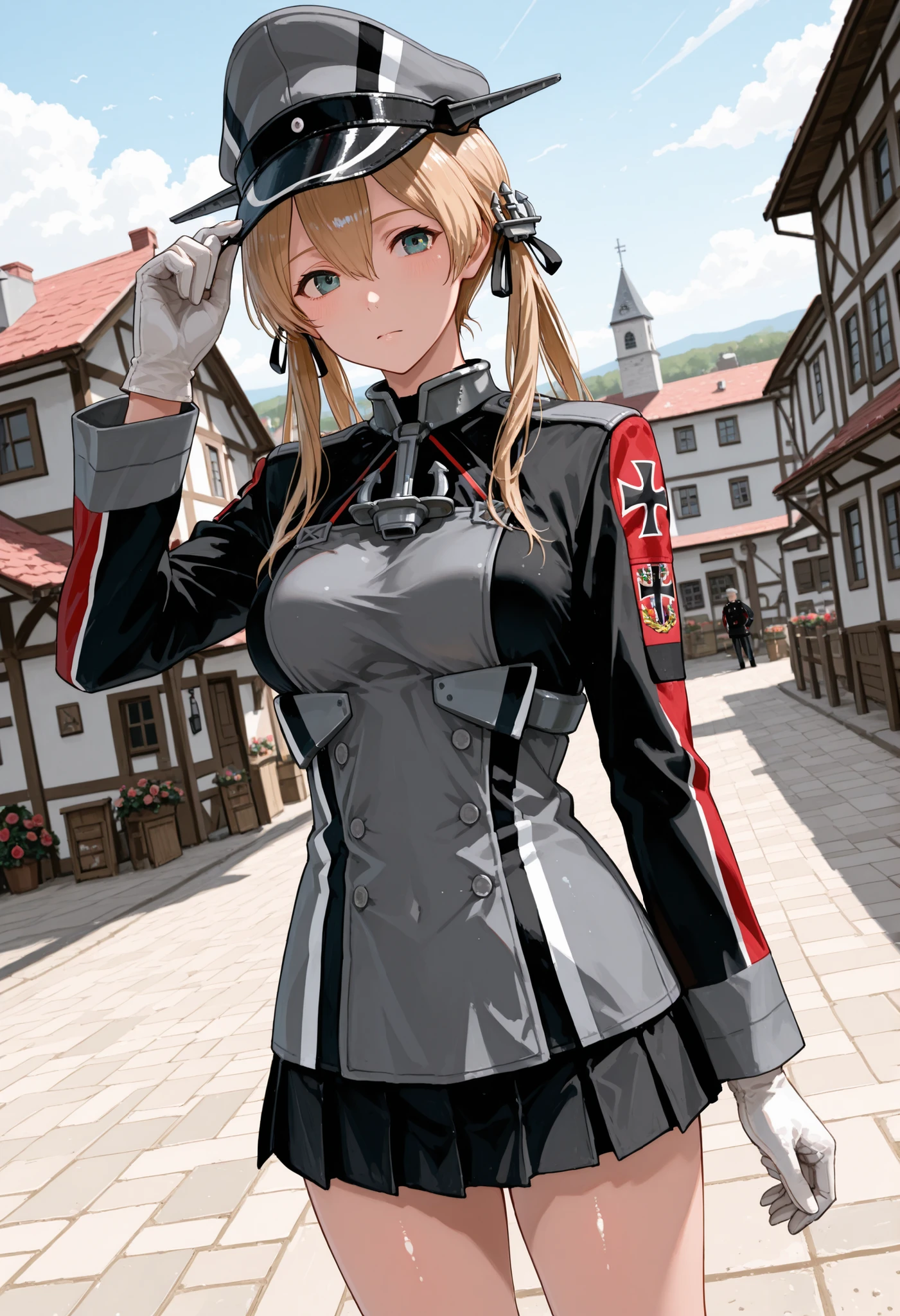 Prinz Eugen (Kantai Collection),  Score 9, score up 8, Score 7 Up, Safety Assessment, detailed background, Shiny Skin, masterpiece, Best Quality, 32K, high resolution, Absard dress, Prince Eugene (KanColle), Rose Twin Tails, Gold Embellished Anchor Hair Ornament, long sleeve, Village Seen from a Military Angle, MILITARY UNIFORMS, gloves, iron cross, skirt that crosses, Knee-length, white gloves, cross, military cap,