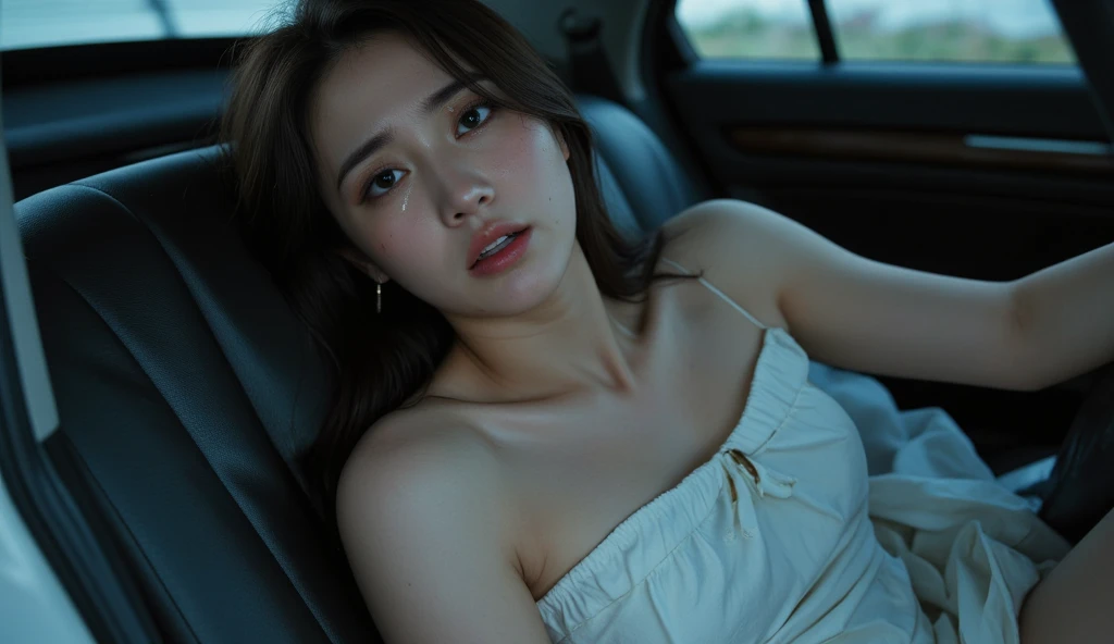 Cool Beauty Beauty Serious Theme, ulzzang-6500-v1.1, (Raw photo:1.2), (Photorealistic:1.4),Seen from below, Beautiful detailed girl, Beautiful breasts with neat lower body small breast proportions, Very detailed eyes and face, Beautiful detailed eyes, ridiculous, incredibly ridiculous, huge file size, super detailed, high resolution, very detailed, top quality, masterpiece, venue with a lewd atmosphere, ((Japan girl underground idol)), illustration, very detailed, cg, unification, 8k wallpaper, wonderful, fine details, (tiny little breasts, the most lewd expression sexually aroused with eyes closed), small breasts, beautiful lower body neat and beautiful proportions, (17-year-old girl with a sensual look, no makeup) masterpiece, Top quality, highly detailed CG uniform 8k wallpaper, light on face, boyfriend's bed in the dark, mini nightgown in disheveled outfit of a 17-year-old girl with a sensual expression (no panties) (no bra)), ((posing lying down with hands raised in the car seat))), (showing small breasts), (half), disheveled outfit is sexual mini nightgown) ((without panties) ( No bra)), (Lying down with hands raised in a car seat in the dark, exposing soft skin) (Composition poses with a sensual expression 17-year-old girl leaning against a car seat and lying with her hands raised) (Red dog collar and chain leash around her neck)) (Lying down with hands raised) (ecstatic sensual look), (Sensual expression 17-year-old girl, no makeup) disheveled nightgown ((no panties)) , ((sexual dynamic pose))), (camel toe), (hands extended up), (legs open and thighs o-open), (hands extended up), (show unobstructed crotch), (red pantyhose), ((no panties)), (sitting legs bending knees)) ((legs open and open to thigh))) (red lighting on the left side of the screen, shadows and dark areas on the right side) (strobe lighting) (arms back) (red lighting on the left side of the screen, dark areas with shadows on the right) (extreme shading) (glittering red-blue light light) (low co