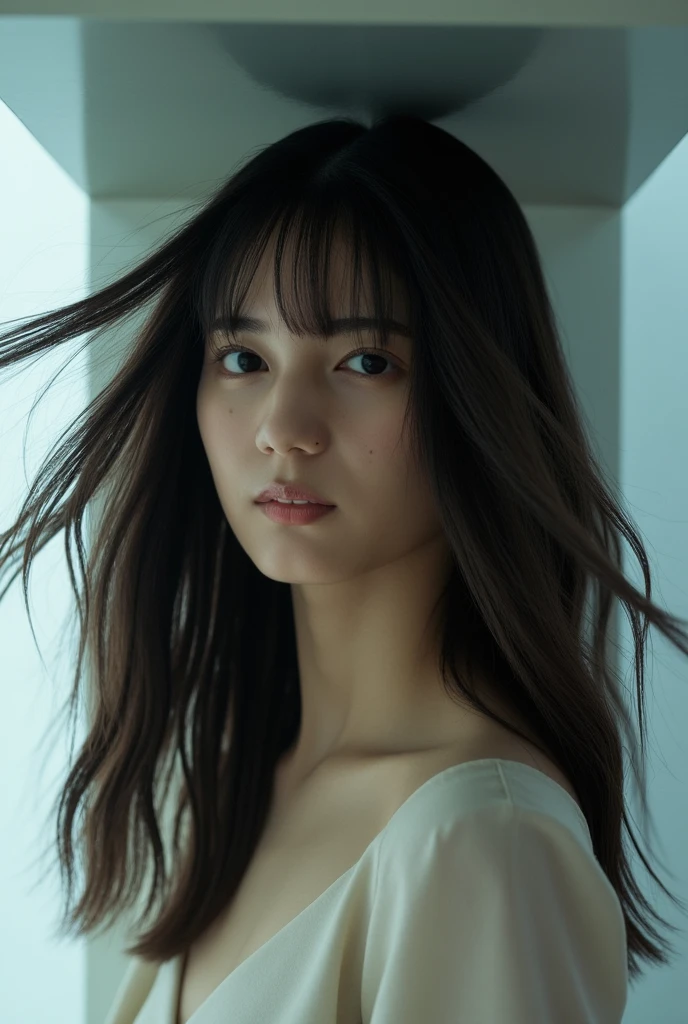 Portrait of Embrebecca with long black hair in the fog, Cinematic lighting, Photorealistic, ornate, Convoluted, Realistic, Detailed, Light and shadow in complex volumes, Elegant, Highly detailed, Digital Painting, art stations, Concept art, Smooth, Sharp Focus, Illustration, art by artgerm and greg rutkowski and alphonse mucha, super detailed