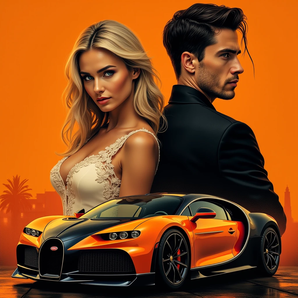 Create a dramatic distorted image in black and white manga format with a colored highlight spot, a puppet man being controlled leaning against his luxury car, wearing a gold and shiny watch and necklace with a woman in short sensual clothes by his side. Ao fundo, blurred social media likes and logos. The two people are actually puppets being controlled.