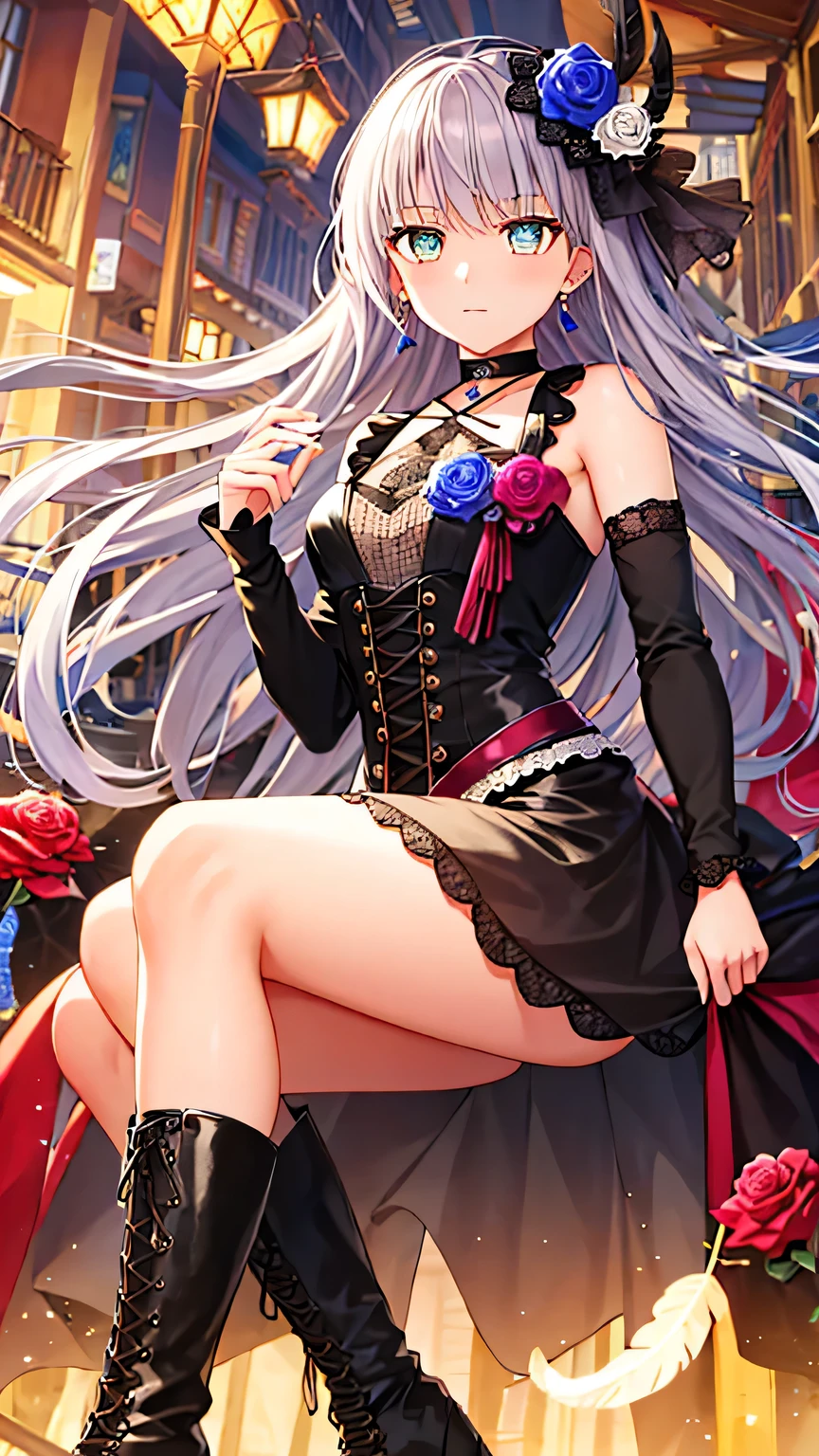 {{{masterpiece}}}, (best quality:1.5), (ultra-detailed:1.5), {illustration}, {{an extremely delicate and beautiful}}, (beautiful detailed eyes:1.6), absurdres, highres, extremely detailed face, 16k, hd, visual anime de uma jovem mulher, extremamente bonito rosto de anime, anime melhor garota, (perfect hands, perfect anatomy), anime face, minato yukina(bang dream), minato_yukina_bangdream, 1girl, solo, cute face, long hair, grey hair, bangs, yellow eyes, medium breasts, big hips, curvaceous, BREAK, {stage costume}, hair ornament, flower, blue rose, jewelry, hair flower, blue flower, feathers, black rose, feather hair ornament, black dress, detached sleeves, long sleeves, black flower, bow, black feathers, choker, earrings, ribbon, brooch, black ruffle skirt, long skirt, black petticoat, Bustle Skirt, purple overskirt, black pantyhose, boots, Cross-laced shoes, knee boots, lace-up boots