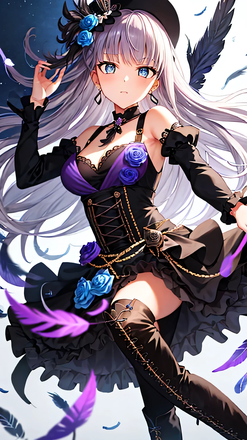 {{{masterpiece}}}, (best quality:1.5), (ultra-detailed:1.5), {illustration}, {{an extremely delicate and beautiful}}, (beautiful detailed eyes:1.6), absurdres, highres, extremely detailed face, 16k, hd, visual anime de uma jovem mulher, extremamente bonito rosto de anime, anime melhor garota, (perfect hands, perfect anatomy), anime face, minato yukina(bang dream), minato_yukina_bangdream, 1girl, solo, cute face, long hair, grey hair, bangs, yellow eyes, medium breasts, big hips, curvaceous, BREAK, {stage costume}, hair ornament, flower, blue rose, jewelry, hair flower, blue flower, feathers, black rose, feather hair ornament, black dress, detached sleeves, long sleeves, black flower, bow, black feathers, choker, earrings, ribbon, brooch, black ruffle skirt, long skirt, black petticoat, Bustle Skirt, purple overskirt, black pantyhose, boots, Cross-laced shoes, knee boots, lace-up boots