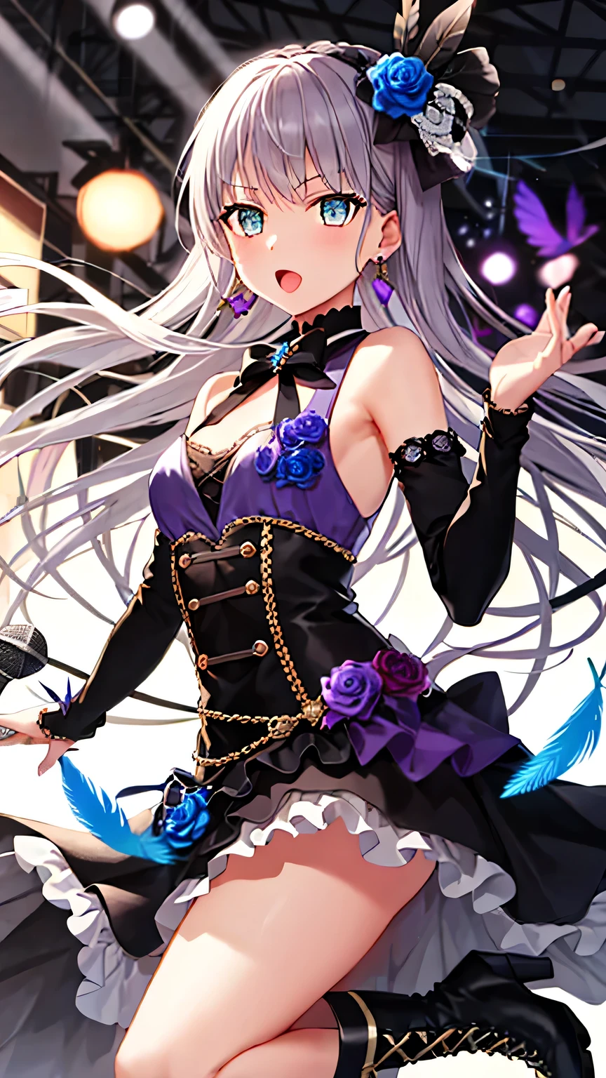 {{{masterpiece}}}, (best quality:1.5), (ultra-detailed:1.5), {illustration}, {{an extremely delicate and beautiful}}, (beautiful detailed eyes:1.6), absurdres, highres, extremely detailed face, 16k, hd, visual anime de uma jovem mulher, extremamente bonito rosto de anime, anime melhor garota, (perfect hands, perfect anatomy), anime face, minato yukina(bang dream), minato_yukina_bangdream, 1girl, solo, cute face, long hair, grey hair, bangs, yellow eyes, medium breasts, big hips, curvaceous, BREAK, {stage costume}, hair ornament, flower, blue rose, jewelry, hair flower, blue flower, feathers, black rose, feather hair ornament, black dress, detached sleeves, long sleeves, black flower, bow, black feathers, choker, earrings, ribbon, brooch, black ruffle skirt, long skirt, black petticoat, Bustle Skirt, purple overskirt, black pantyhose, boots, Cross-laced shoes, knee boots, lace-up boots, BREAK, live stage, on stage, singing, holding microphone, bring microphone closer mouth, put one hand forward, performance, backlights, illumination, Backlit, dynamic pose, dynamic angle, fluttering skirt