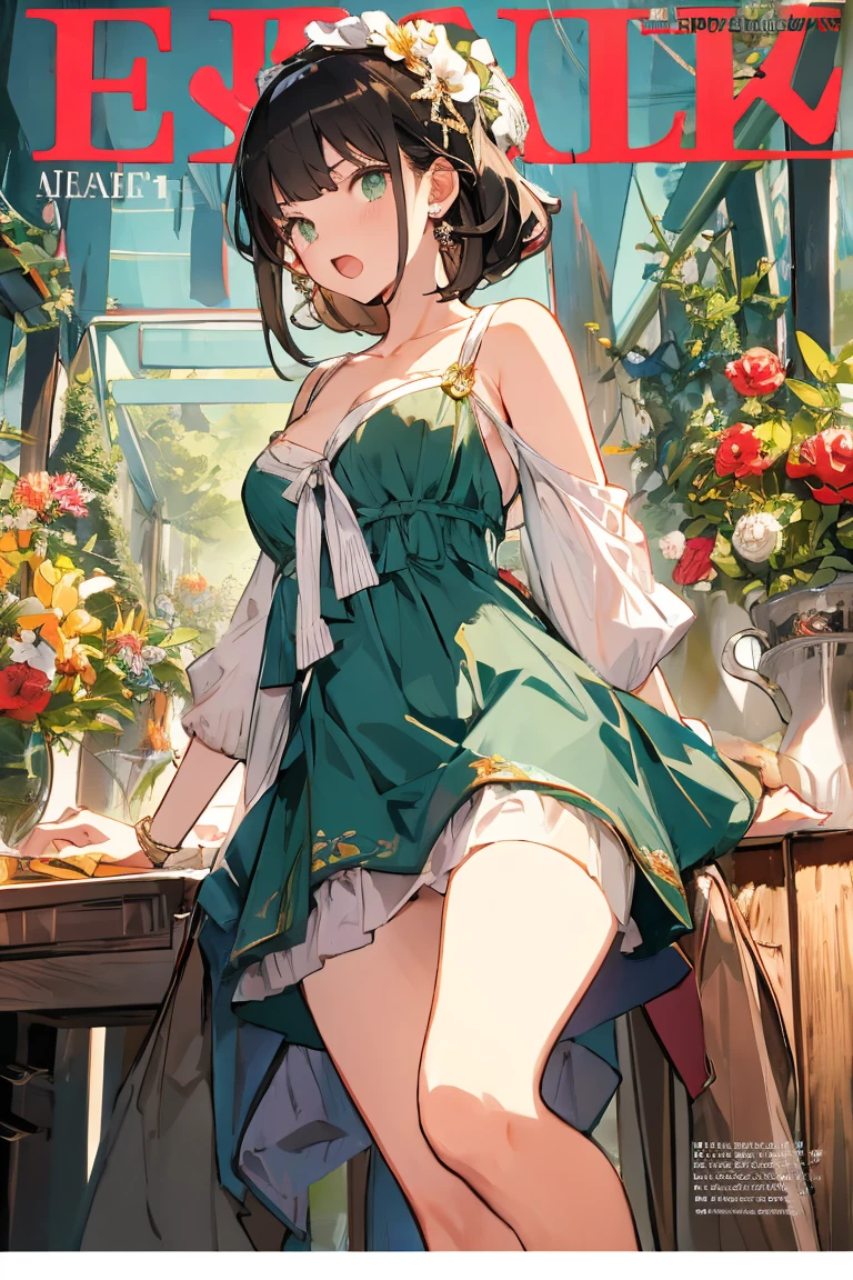 (small breasts:1.3), (perky chest:1.1), (pointed chest:1.0), (fashion magazine cover:1.3)，(from below:1.0),(from side:0.9),masterpiece, 1girl, Amazing Cleavage:1.1, thin waist, big ass, Raised sexy, small breast: 1.3, posed cleavage:1.2、solo, looking at viewer, open mouth, have a cute grass of cute beergrass,black hair, dark green eyes, dress, bare shoulders, jewelry, collarbone, sidelocks, hairband, earrings, indoors, off shoulder, :o, sweater, arms behind back, plant, short hair with long locks, gild hairband, off-shoulder dress, sweater dress, off-shoulder sweater, red sweater, dark gord hair, big side hair, very long side hair,is rendered in (masterpiece: 1.2, best quality), with (ultra high resolution) and an exquisite (depth of field). This masterpiece is not only visually stunning but also tells,A scene of cooking in the kitchen by classroom
