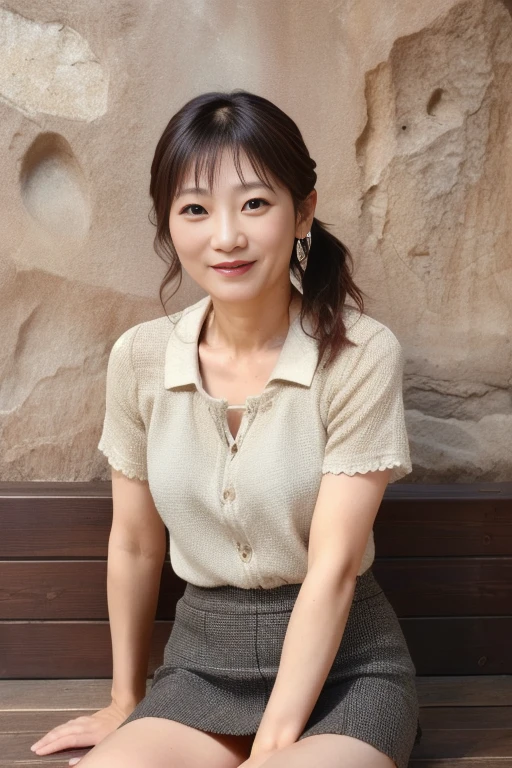 A middle-aged Japanese woman wearing a blue silk short-sleeved blouse is sitting with her hands folded on the table,A beautiful profile of a woman smiling with a voluptuous figure, looking to the side,Wrinkles in clothes that reveal the shapely fullness of breasts,A black lapel microphone is visible from the collar.,Silver Watch,necklace,bracelet,Teacups on the table.Indicator stick.The documents are placed,Raw photo, Highest quality), (Realistic, photo-Realistic:1.2),Fine skin:1.4), Puffy eyes, Gorgeous Hair), Indoors, Portraiture, Black Hair,