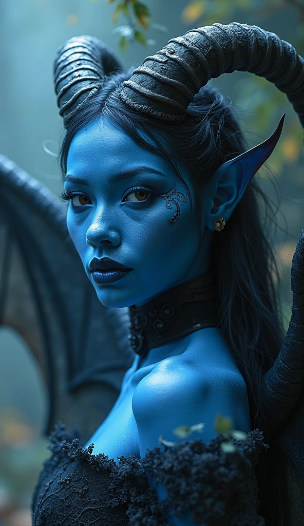 Fashion photography, image of blue human avatar, In the lush blue forest with flowers and birds, 3D rendering, CGI, symmetrical, Octane Render, 35mm, Bokeh, (complicated details:1.12), HDR, (complicated details, very detailed:1.15), (The skin texture is natural., Surreal, soft light, sharp:1.2)