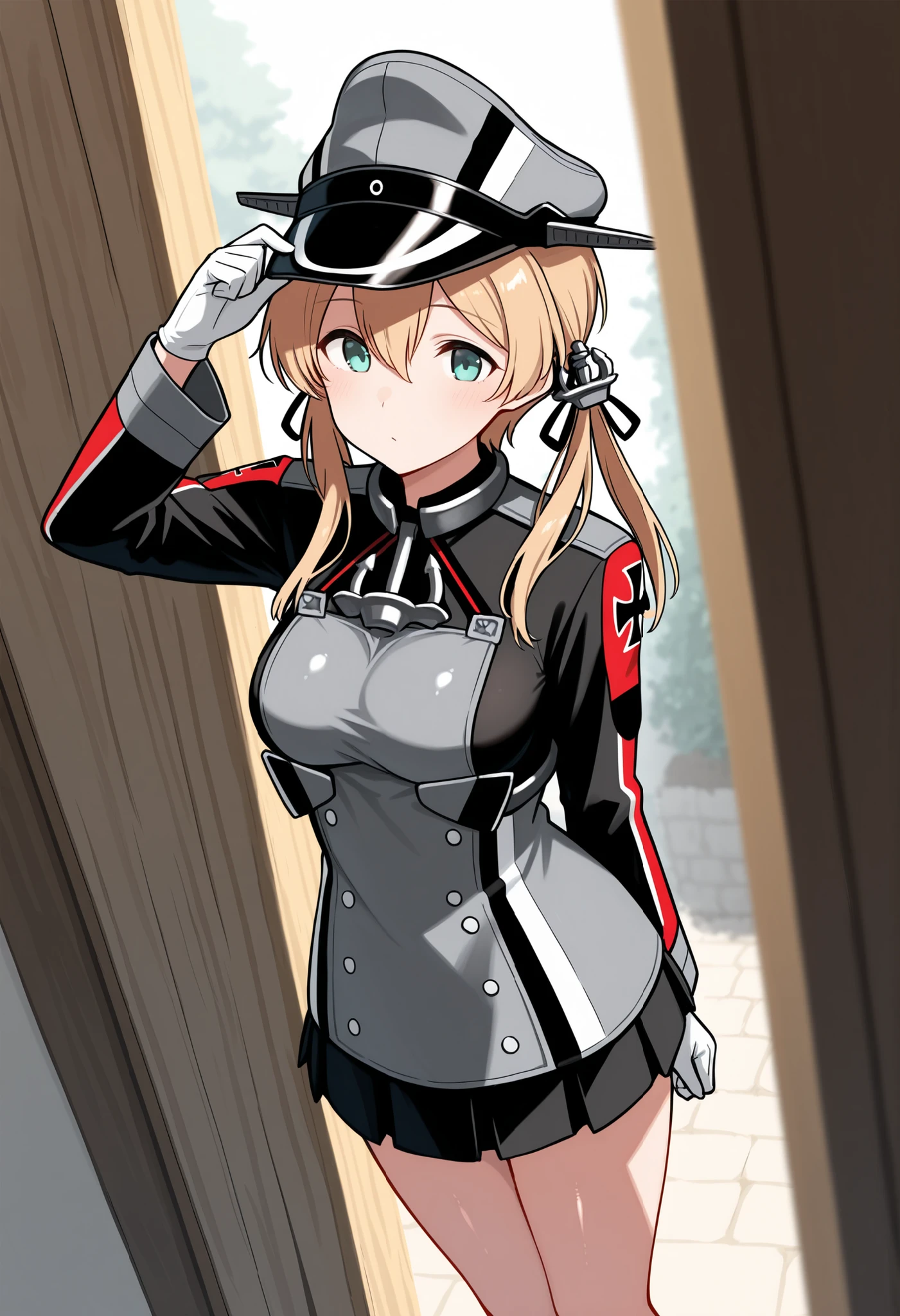 Prinz Eugen (Kantai Collection), Score 9, score up 8, Score 7 Up, Safety Assessment, detailed background, Shiny Skin, masterpiece, Best Quality, 32K, high resolution, Absard dress, Prince Eugene (KanColle), Rose Twin Tails, Gold Embellished Anchor Hair Ornament, long sleeve, Village Seen from a Military Angle, MILITARY UNIFORMS, gloves, iron cross, skirt that crosses, Knee-length, white gloves, cross, military cap,