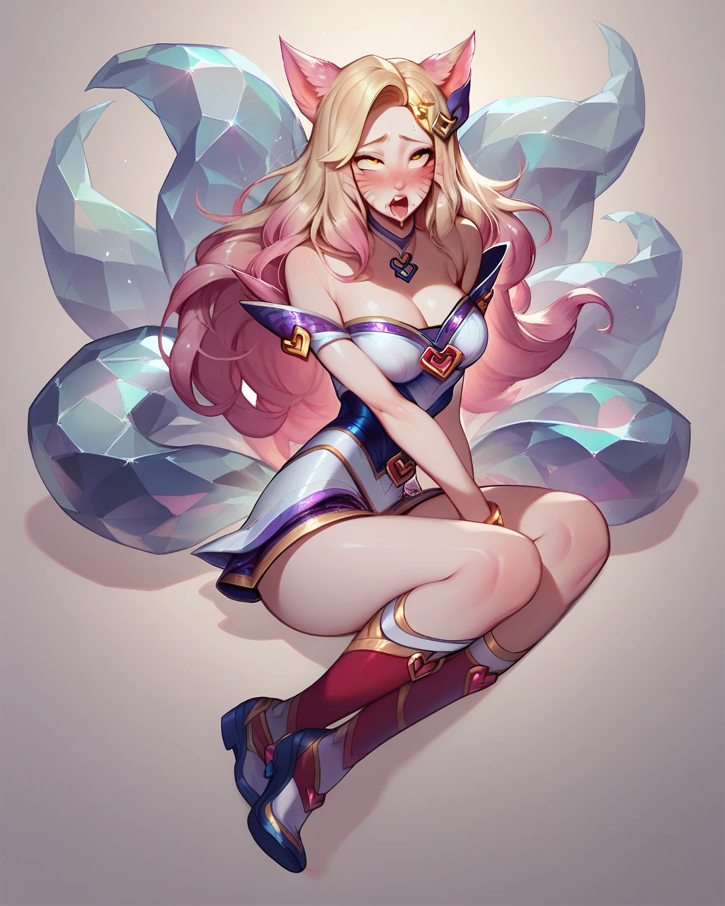 Anime-inspired artwork featuring a captivating lady with enchanting blonde hair, dressed in a stylish rabbit-themed costume that blends elements of haute couture and fantasy, set against a dreamy, pastel-colored backdrop, resulting in a 4K UHD image that combines fashion and whimsy.