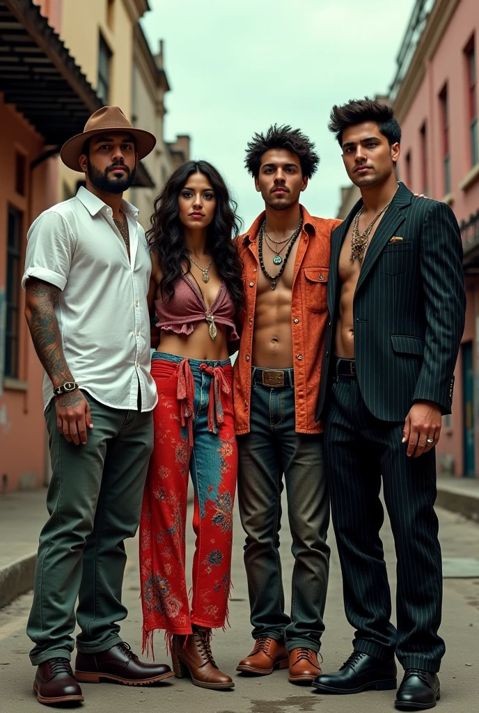 American street gang leader, A group of gang members stood behind,angry look,Mixed Chinese and American races,The background is blurred out,focal,电影灯光,(((tmasterpiece))), ((best qualtiy)), ((Complex and detailed)), ((ultra-realistic realism)), Ridiculous resolution, A MILF, Mature woman, ssee-through, highly detailed, illustratio, 1girll, (mediuml breasts), Thin waist and thick hips,long leges,beatiful detailed eyes, short detailed hair, brunette color hair, a purple eye, (Gangster suit:1.2),jewelry,耳Nipple Ring,Bracelet,gyuru,choker necklace,seminude,stocklings,Lace,Tattooed with,tight-fitting,tattooed arms,Full of tattoos,American gangsters,Sexy and feminine,18th Street Gang,hip hop style,Almighty Latin king,(No underwear),pantiess, detailed back ground, perfect eyes, Seductive eye, (nice hand),Detail hands,looking at viewert,From the front,Wear light,Behind him stood a large group of subordinates,