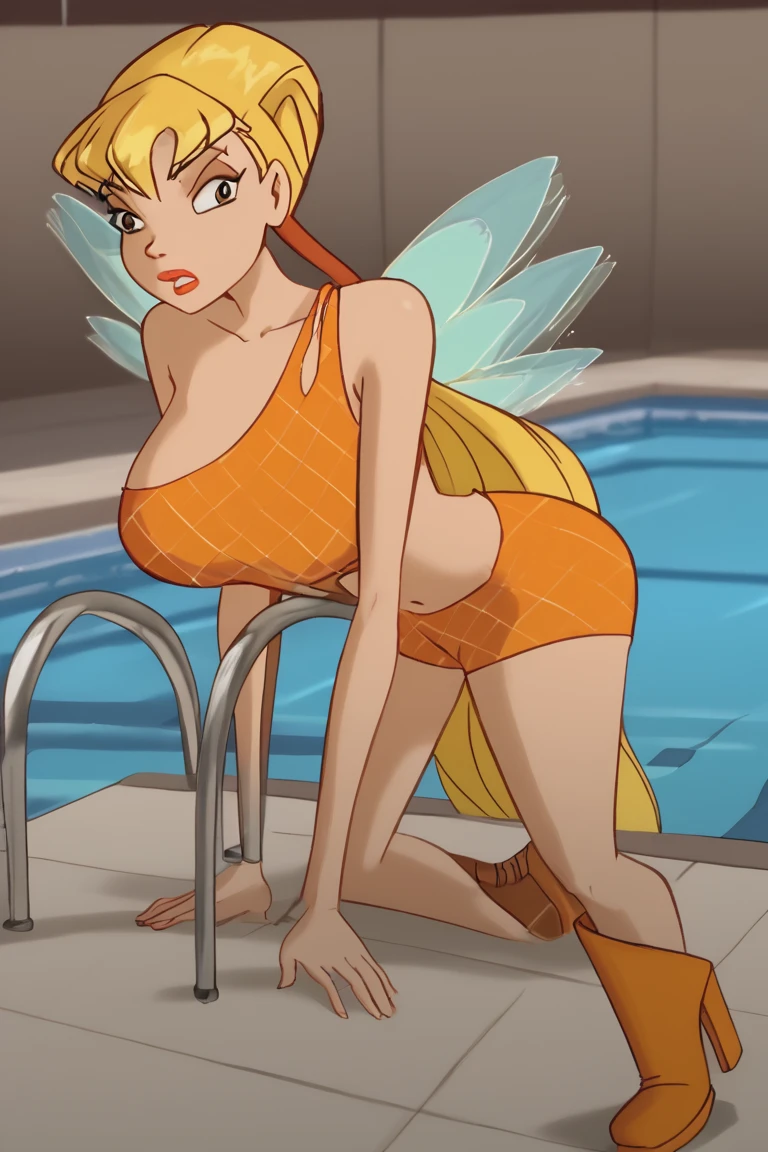 masterpiece, best quality, pov, 1girl, kirlia, blonde hair, blue eyes, white skin, green skin, porcelain skin, ahegao, naked, no visible clothes, large breasts, in a pool, noon, forest background,