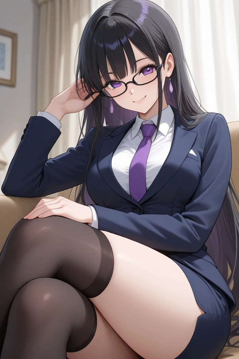 ((masterpiece)), (best quality), absurdres, 1 girl, leaning, shy, medium length hair, black hair, long hair, bang, purple eyes, small breasts, petite frame, slender figure, ruffled school blazer, slim, thighs, (detail background:1.3), principal's office, on top desk, scattered papers, panties down (solo:1.5)