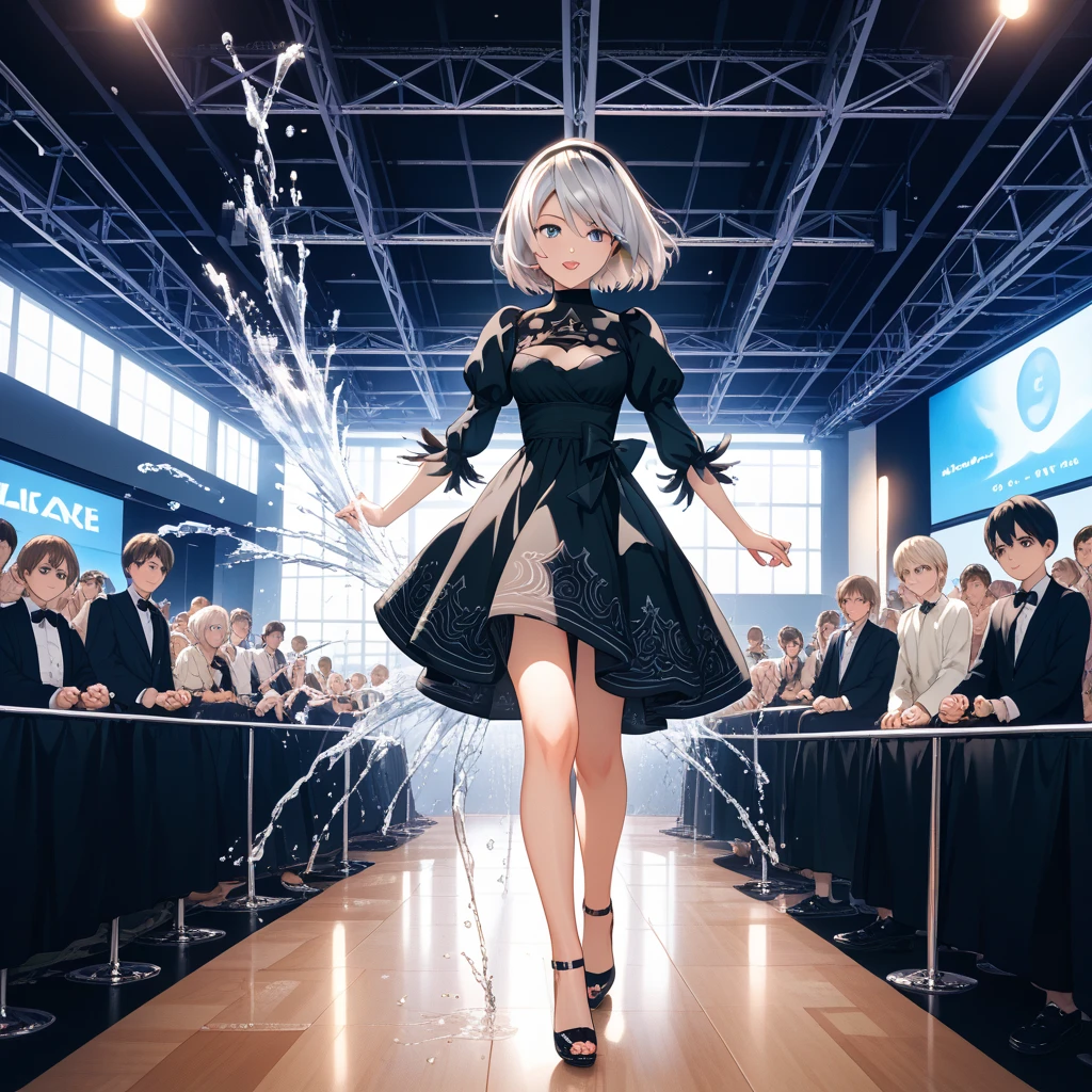 Smile, Junombie, multicolored skin, seam, patchwork skin,Patchwork_skin, zombie, Junombie 1 Girl, Solo, microphone, gloves, Idol, white_gloves, Skirt, Short_sleeves, Holding_microphone, Rain, Holding, Open_Mouth, up looking_で_viewer, bow ribbon, neck tie, pleats_Skirt, Shirt, puffies_Short_sleeves, puffies_sleeves, Black_Background, blush, cowboys_shot, greys_Skirt, Singing, outstretched_arms are, Dress, It features a simple_Background, white_Skirt, Standing, Collared_Shirt, Music, from a_Side, Jacket, foreshortening, Reaching_towards_viewer, greys_neck tie, white_Shirt, The upper part of the body_Body, Miniskirt, Blurry, Idol_Clothes, :o