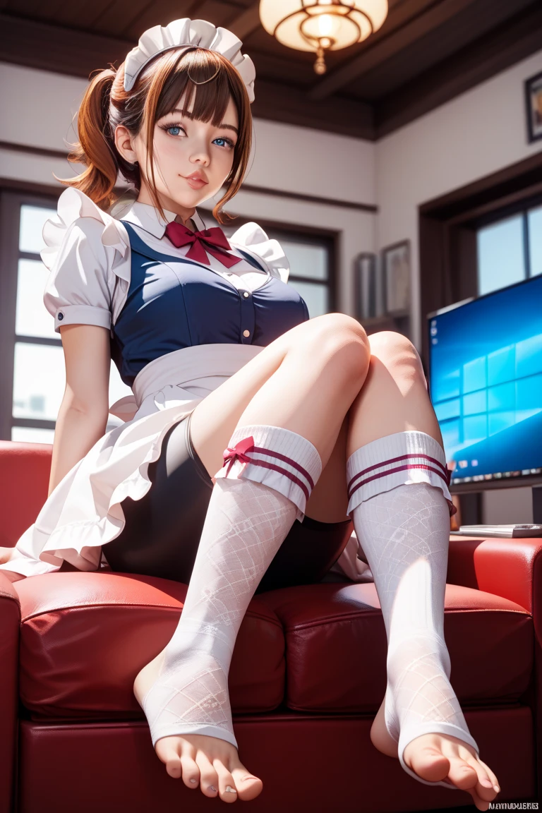 (best quality, 8k, highres, photorealistic:2.0), (solo, one girl:2.0),(lighting: strong),(lighting: front),(very muscular girl:2.0),(bodybuilder girl:1.5),(shiny skin:1.5),(short hair:1.5),(brown hair color:1.5),(Raise your knees and spread your legs wide:1.5),(raise both arms behind your head:1.5),(black loafers:1.5),((school uniform)),(white collar shirt),(long sleeve shirt),tight shirt,((ribbon bow tie:1.1)),(white socks),((blue pleated skirt)),((Wearing white panties)),((feel amazing ???????:1.3)),((Girl leaning on an old leather sofa)), very beautiful girl,