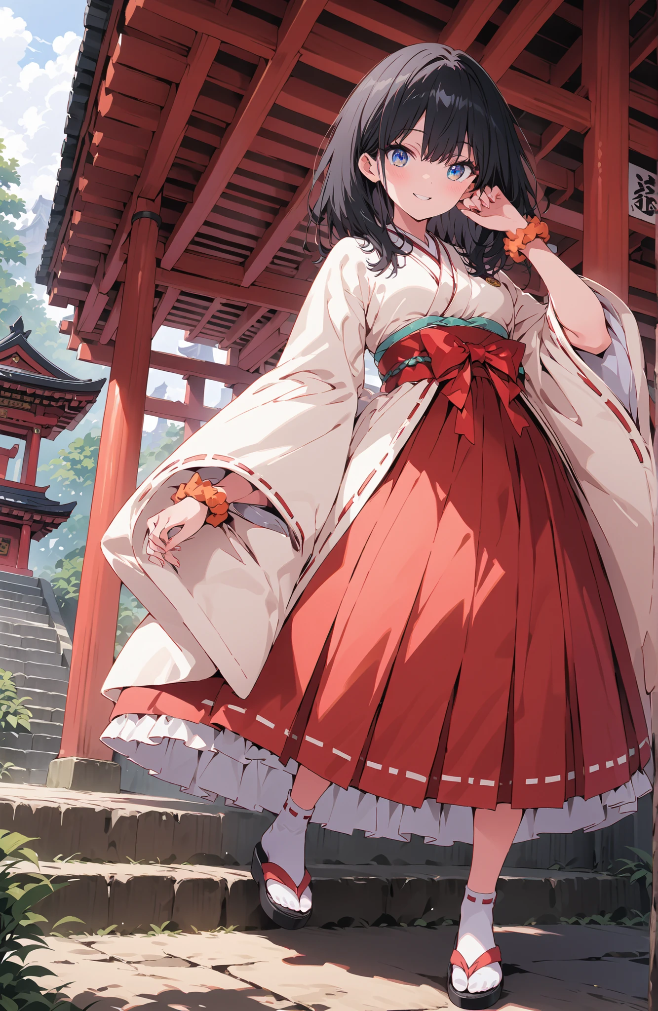 score_9, score_8_up, score_7_up, source_anime, It's because of Rikkata, black hair with a young pattern, blue eyes, MEDIUM HAIR, orange scrunch, scrunchie, Wrist Scrunches , smile,cover,Open Your Mouth,Orange wrist scrunch, Shrine maiden, kimono, object, Red Hakama Skirt , Wide Sleeves, long sleeve, ribbon trim sleeve,Sandals, white socks, standing on a stone staircase,noon,full bodyがillustrationsに入るように,break outdoors, shrine,
break looking at viewer,full body,
break (masterpiece:1.2), Best Quality, high resolution, Unity 8k 壁紙, (illustrations:0.8), (beautiful detailed eyes:1.6), very detailed face, so that it fits into the illustration, Extremely Detailed CG, (perfect hand, perfect anatomy),