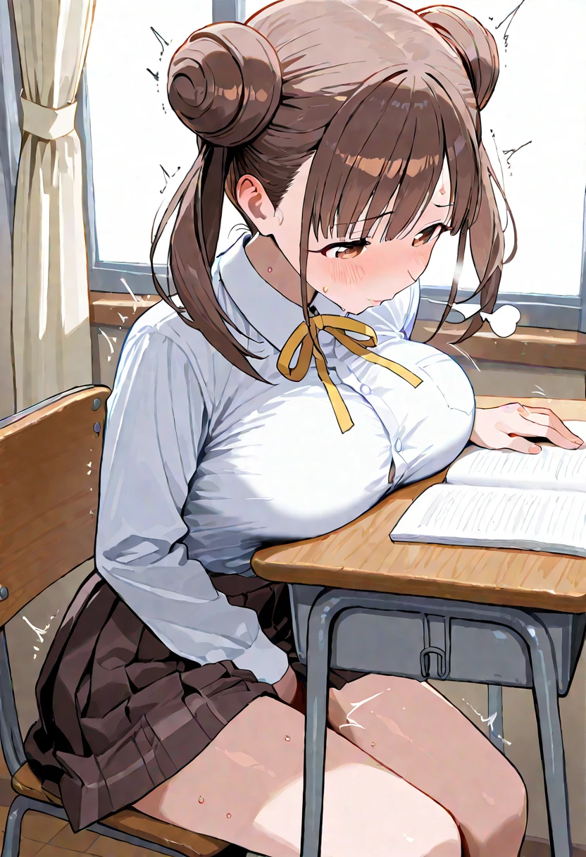 ((masutepiece, Best Quality)),Best aesthetic,1girl in, School uniform, desk work, Sitting, School Desk, Brown hair, crass room, Long hair, Indoors, Chair, Looking at Viewer, :P, Solo Focus, Brown eyes, Skirt, Long sleeves, Pencil, 1 boy, pencil case, paper, black serafuku, Multiple girls, Pleated skirt, Sailor collar, Bangs, head rest, School bag, school chair,huge-breasted、bbw、thick thight、big butts
