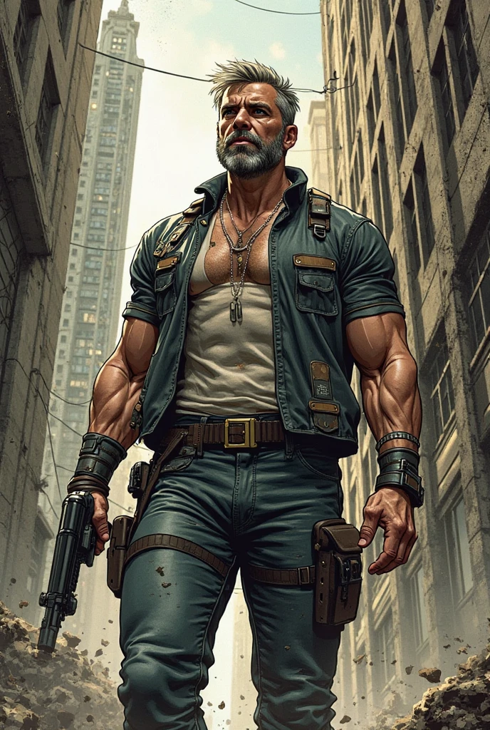 Dark sky, rain, holding a gun, looking up at the sky, ruined city, muscle, male, (leopard head: 1.0), hairy, bright eyes, wide waist, gray hair, red eyes, (best quality), bald, white beard