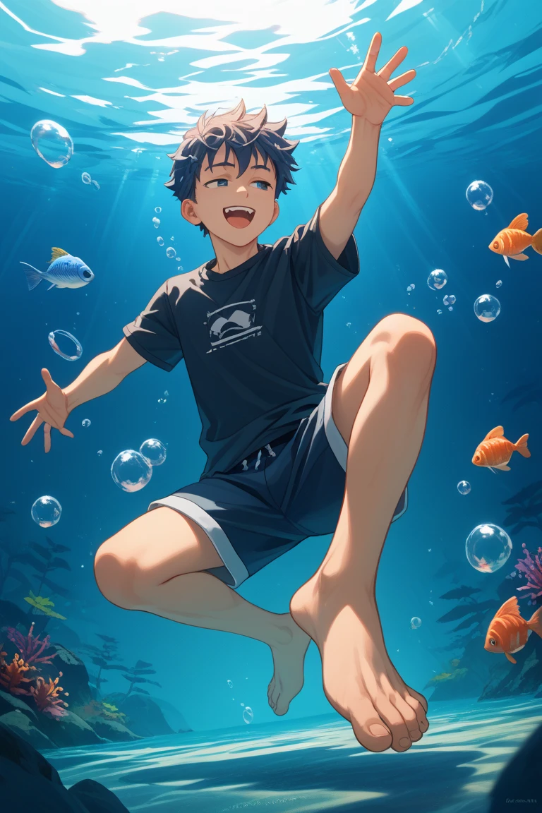 (masterpiece,high resolution,best quality,ultra detailed),1man,male_focus,great body,swimware,
 navy blue hair, spiked short hair,
BREAK
 white t-shirt,
BREAK
orange swimware,
 underwater, dolphins,