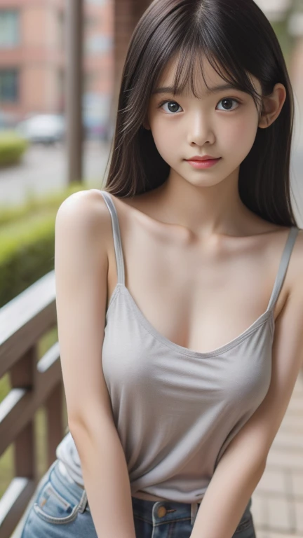 Neat college girl, petite, (long white camisole, white panties), outside the athletic field, (slim, small, flat, small), photorealistic, detail, skin texture, ultra detail, delicate and sexy collarbone, troubled look, super detailed face, detailed lips, detailed eyes, double eyelids, all fours, sexy pose