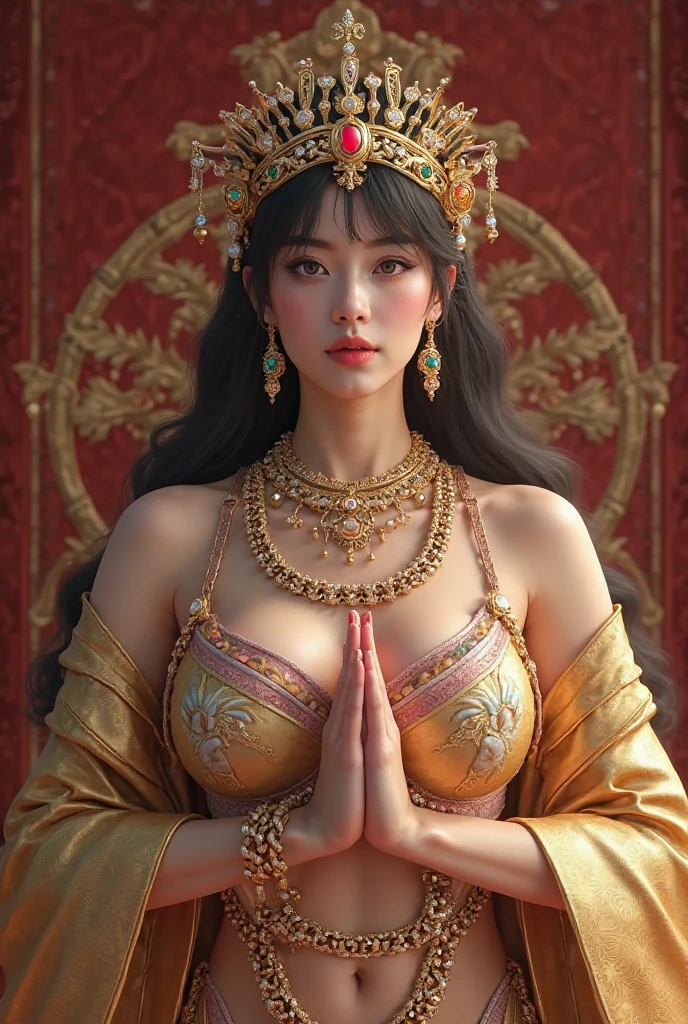 A breathtaking masterpiece depicting the Javanese goddess Arimbi, elegantly posed in human form, exudes a serene and captivating aura. This intricate and traditional piece, inspired by Wayang art, showcases exquisite detail in her human-like features and body. Her eyes, brimming with mythological wisdom, sparkle with an ethereal beauty. The artistry highlights the intricate patterns and subtle nuances of her traditional attire, as if to bring the sacred mythology to life. This stunning work exemplifies the best quality, boasting ultra-high resolution and vivid colors, ensuring every intricate detail is preserved for all to appreciate.