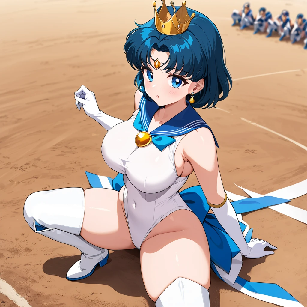 masterpiece, best quality, super detailed, full body, beauty, blue eyes, short blue hair, sailor senshi uniform, jewelry, leotard, gloves, sitting on a fighting field. Focused on high-quality anime-style rendering, emphasizing a full-body character with detailed features, (masterpiece, best quality, super detailed), full body, from front,  1girl, beauty, blue eyes, medium eyes, solo, (curvy:1.3), , hort light blue hair, sailor senshi uniform, blue sailor collar, blue bow, white gloves, crown, jewelry, earrings, white leotard, sleeveless, (white knee boots:1.3), standing on a fighting field, voluptous, thicc, 
