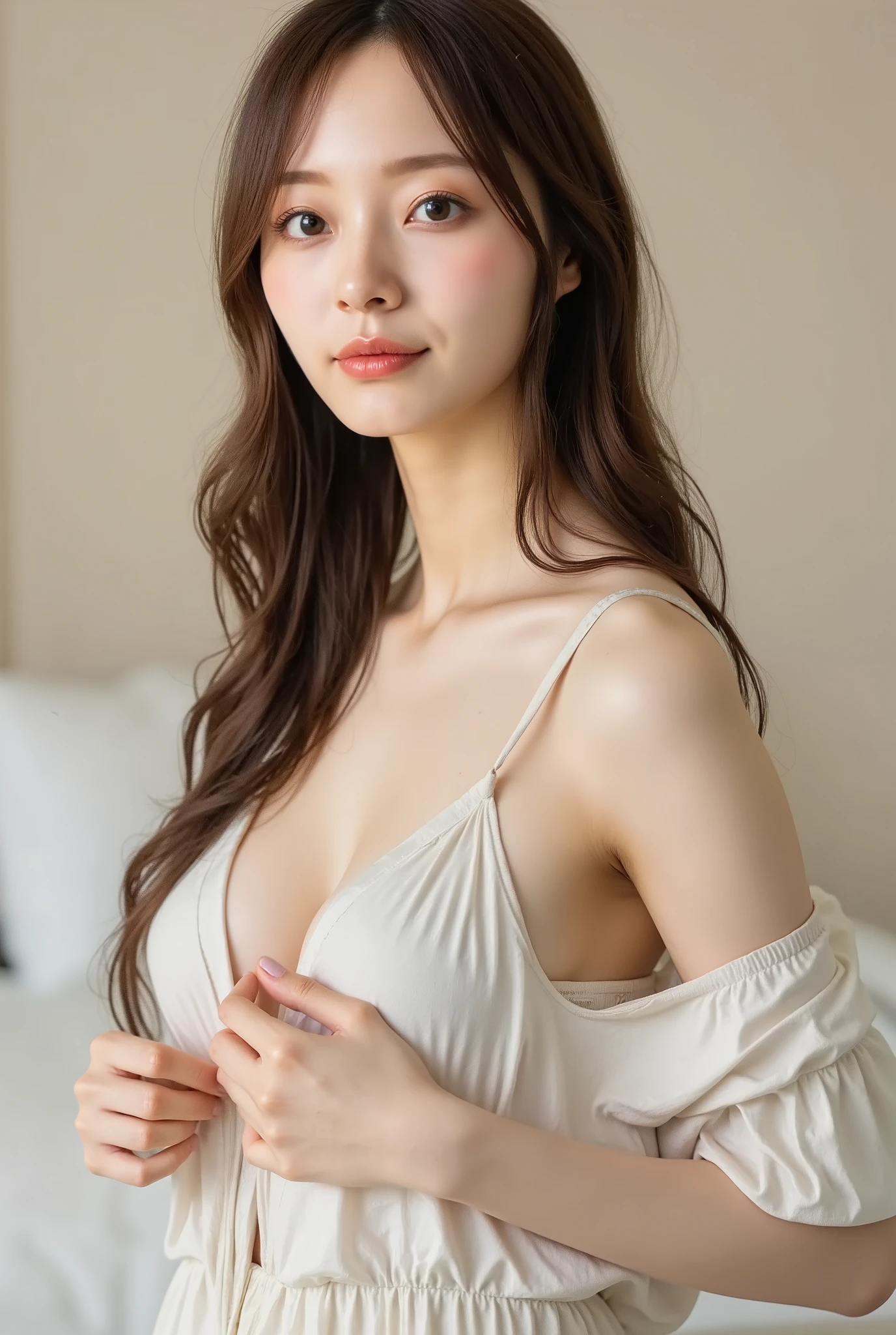 highest quality, Face Focus, Soft Light, Ultra-high resolution, (Realistic:1.4), RAW Photos,
1 Japanese girl, alone, cute, (pupil, Light in your eyes),  Beautiful face in every detail, (Small box),(High resolution detail of human skin texture),
(Long Hair),
indoor,
Damask Shirt Dress,
(Portraiture)