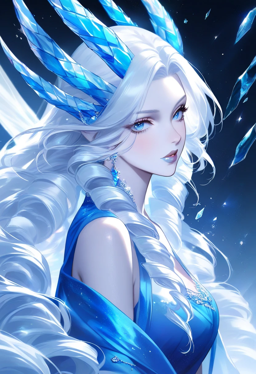 (long shot photo:1.5)wood, Exquisite mini ice spikes and crystals, Frozen waterfall in the background, Light reflected by ice crystals, Flowing snowflakes.1 girl, Beautiful woman、pretty girl,A realistic person,Beautiful cleavage,((small ))
